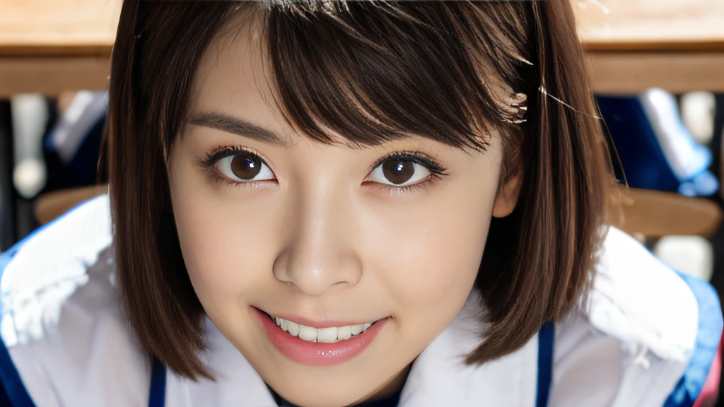 Black short-wave hair、White Skin Skin、chineseidol、年轻、Thick eyebrows、Black eyes、biting lip、smile in face、Cobalt blue uniform、Python tie、(1 female student)、In the school classroom、sit on chair、Slim eyebrows、Brown cartoon hairpin、hentail realism、8K、tmasterpiece、A high resolution、、anatomically correcte、、from above view、32K quality