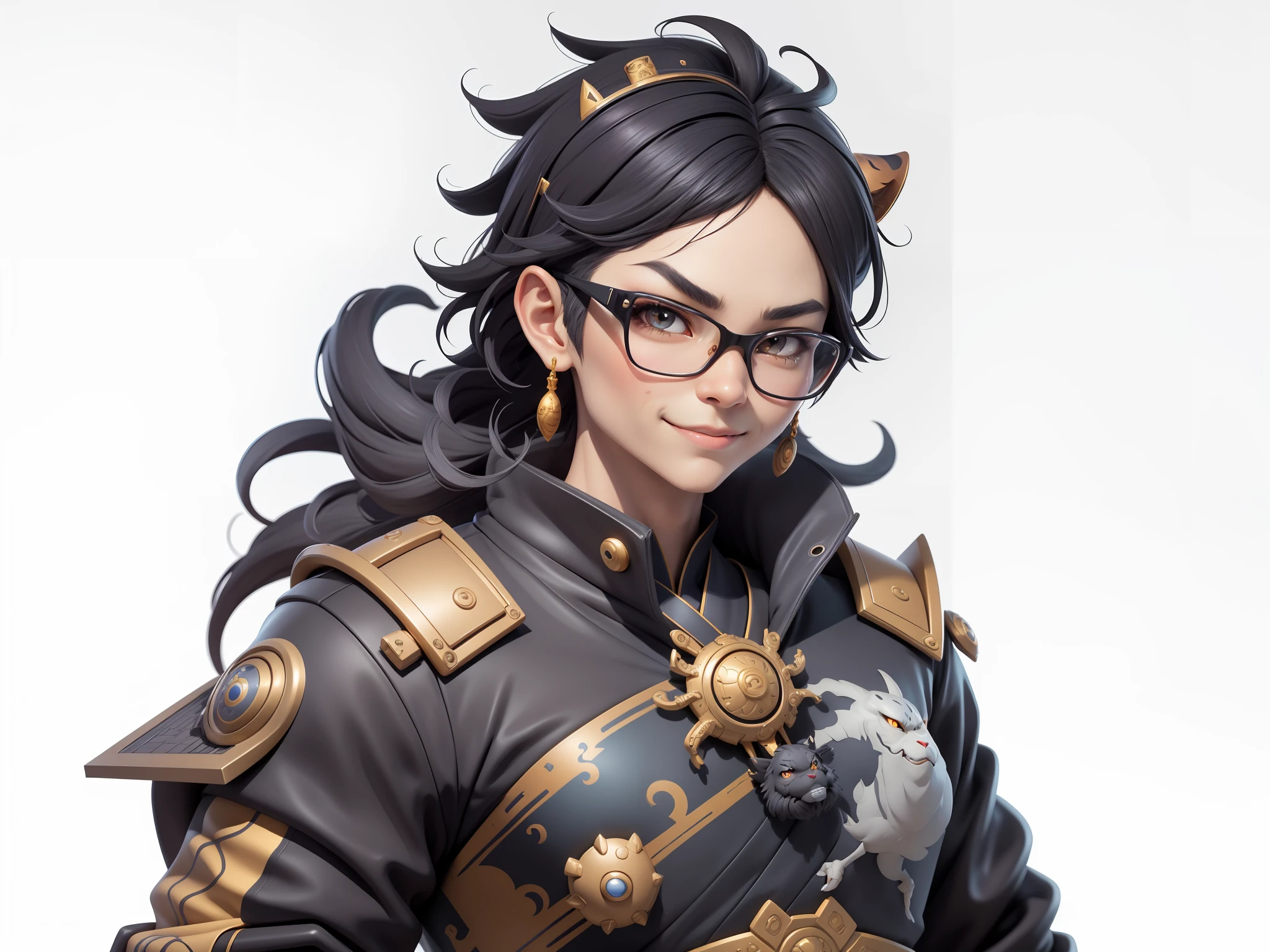 (Masterpiece), (Excellent), (Super Meticulous), (Full Body: 1.2), Super Young Man with Japanese Female Geisha, Pretty, Beautiful, Chinese Dragon, Tiger, Wind God Thor, Sexy, Bursting, Oriental Face, TV Anchor, Bust Portrait Illustration, Black Suit, Blue Tie, Slightly Chubby Face, Silver Glasses, Very Clean Face, No Beard on Chin, Black Super Short Hair, Black Eyes, Confident Smile, 3c Computer Sub-Products, iPad, iPhone, Digital Painting, 3D character design by Mark Clairedon and Pixar and Hayao Miyazaki and Akira Toriyama, the illustrations are HD illustrations in 4K resolution with highly detailed facial features and cartoon-style visuals.