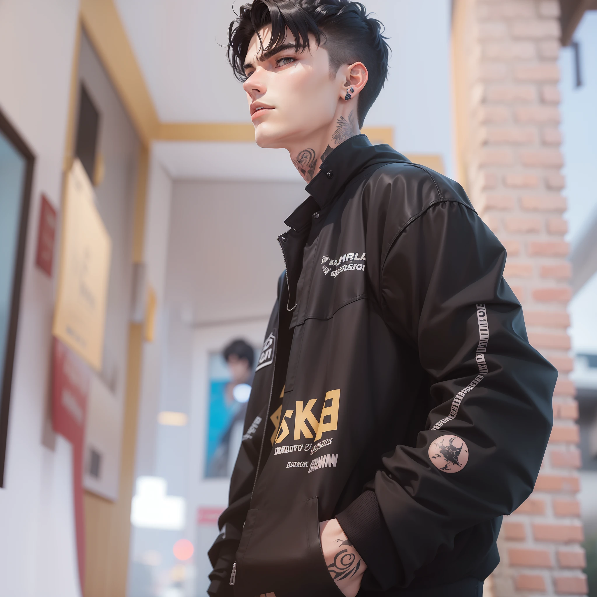 An 18 year old young man wearing a black jacket, black hair with comma hair, evil looking, handsome face, wearing gloves and a few tattoos, and wearing black pants.