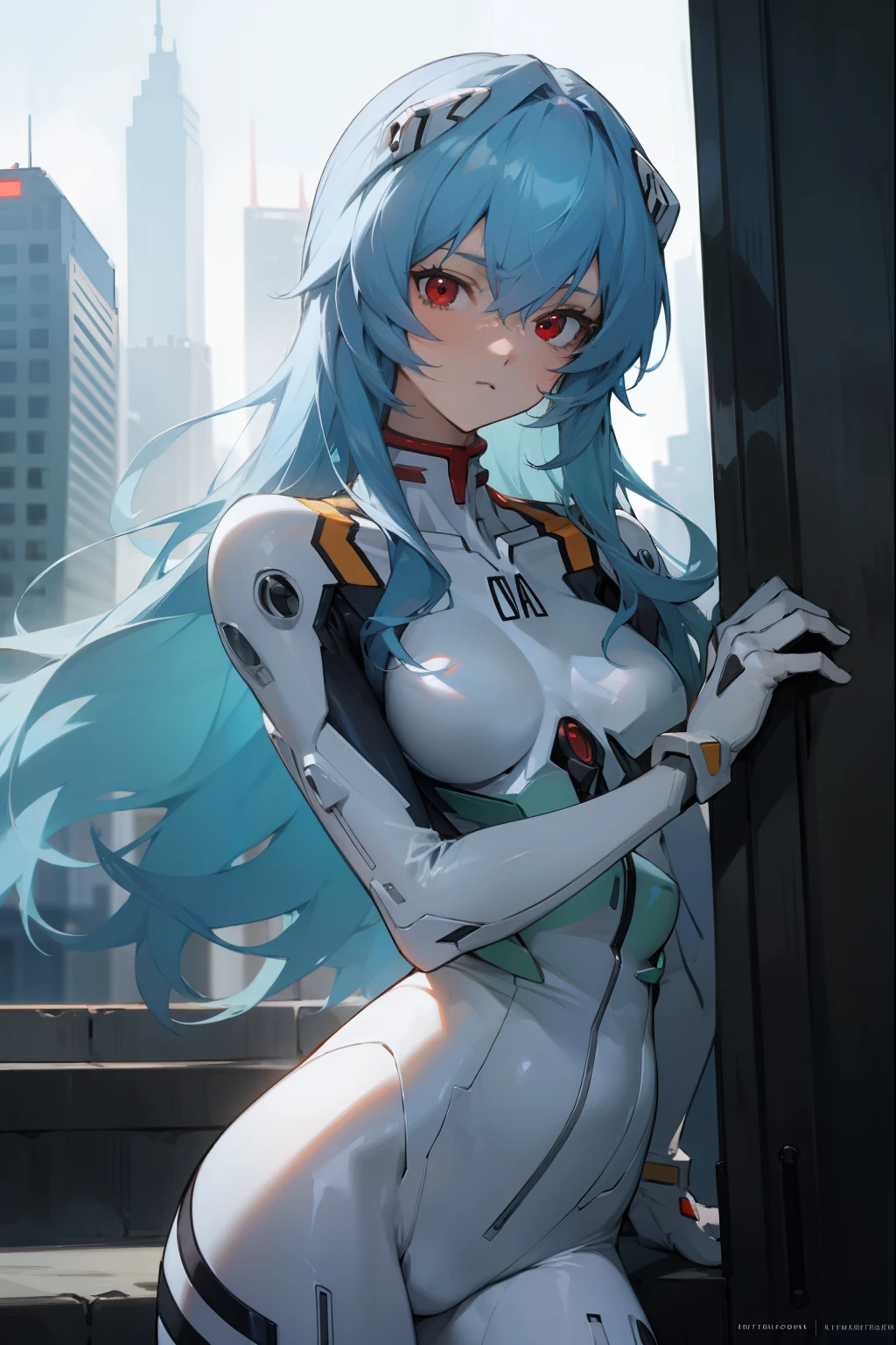 reiayanami, rei ayanami, blue hair, long hair, (red eyes:1.5),
BREAK bodysuit, headgear, plugsuit, white bodysuit,
BREAK outdoors, city,
BREAK looking at viewer, 
BREAK (masterpiece:1.2), best quality, high resolution, unity 8k wallpaper, (illustration:0.8), (beautiful detailed eyes:1.6), extremely detailed face, perfect lighting, extremely detailed CG, (perfect hands, perfect anatomy),