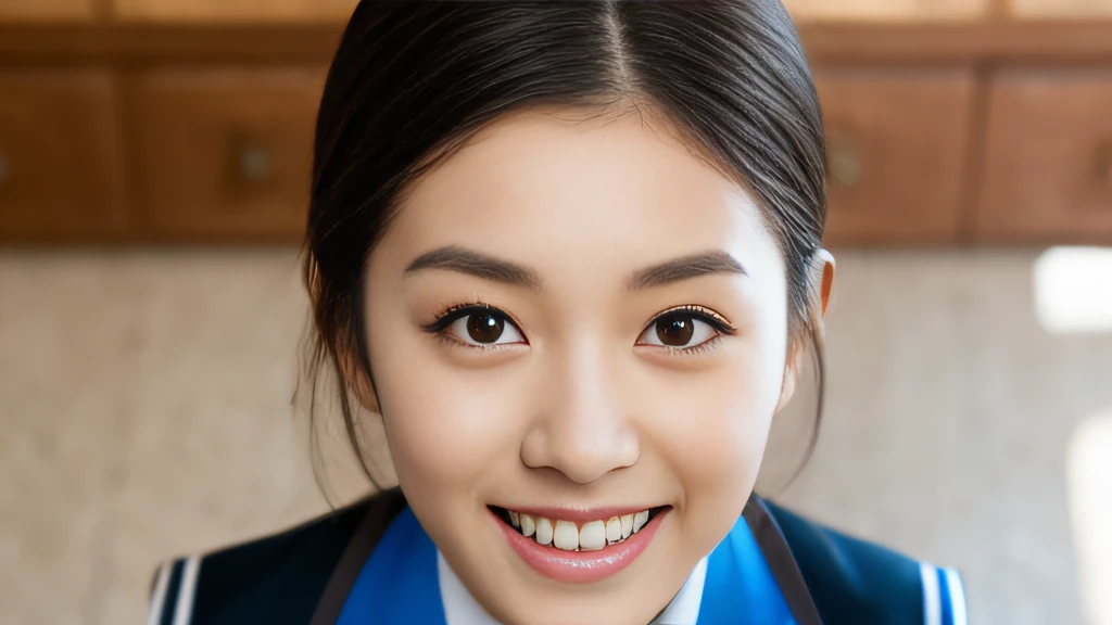 Black short-wave hair、White Skin Skin、chineseidol、年轻、Thick eyebrows、Black eyes、biting lip、smile in face、Cobalt blue uniform、Leopard print tie、（1 female student）、In the school classroom、sit on chair、Slim eyebrows、Brown hairpins、hentail realism、8K、tmasterpiece、A high resolution、、anatomically correcte、、from above view、32K quality
