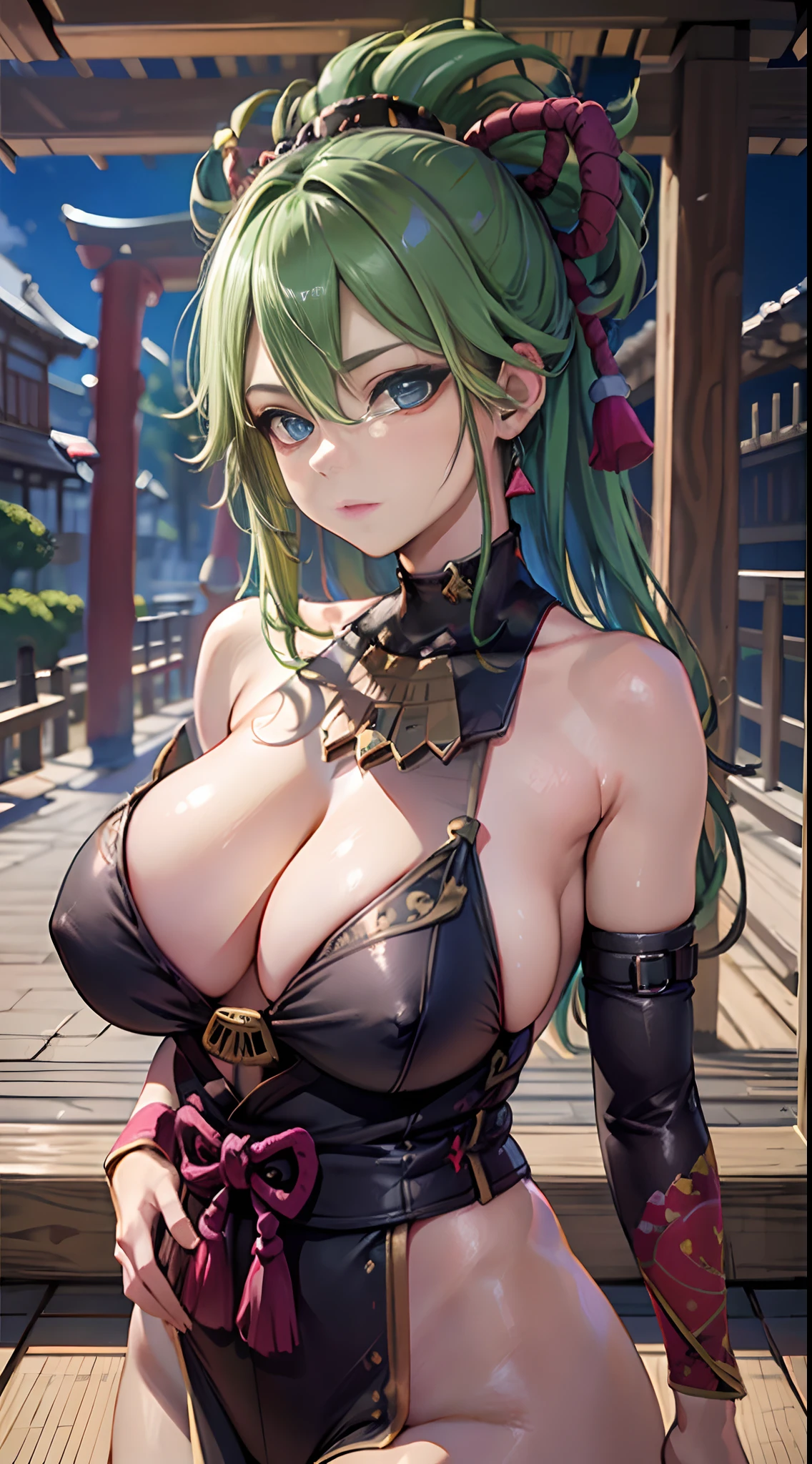 (NSTDA.:1.2), (10, beste-Qualit, master-piece: 1.4), ultra-high resolution, (lifelike, photorealistic portrait: 1.48), 30 years old, A Beautiful Girl, Tall, gigantic breasts, Famous Japanese actors, Blue Eyes, Head tilt, cowboy shot, from the front, looking at the audience, Sliced thinly., Beautiful lake, Zeiss 150mm F/ 2.8 Hasselblad, In Japanese shrines, Whole body, foot, Ultra-Wide Angle