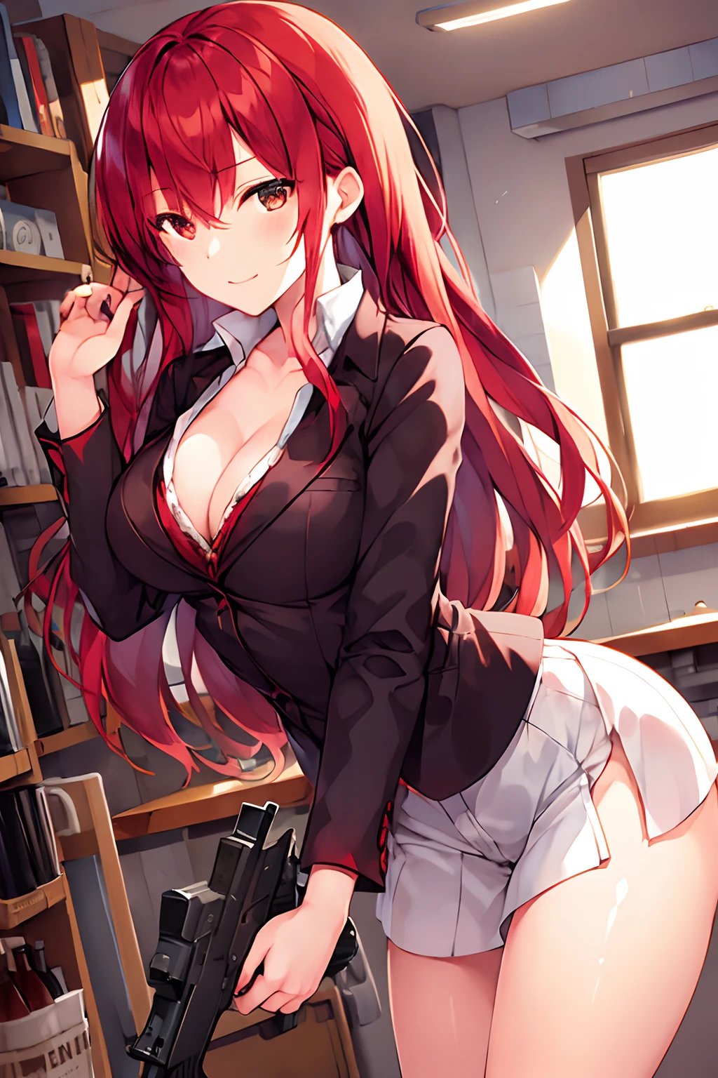 a girl with long red hair, two handguns, a girl in sexy clothes