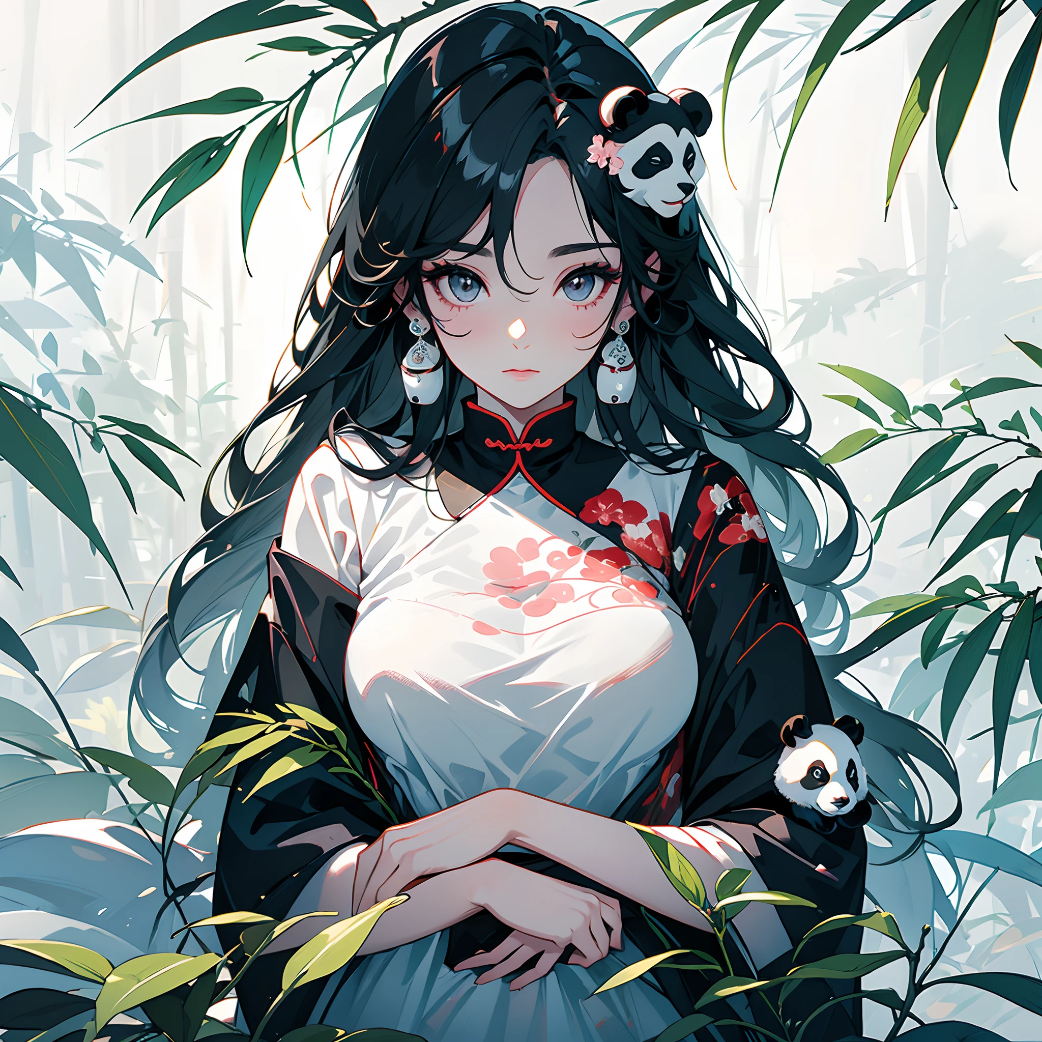 white backgrounid,Under bamboo leaves, (The panda sits on a branch),pandas,(1Blittle girl:1.5,The upper part of the body,looking at viewert),Pink and white clothes,facial closeups,big beatiful eyes,detailed face with,Flashy clothes,Ethereal panda,(Chinese Panda),Dreamy,Onmyoji detailed art,A beautiful artwork illustration,mythological creatures,pandas,Beautiful digital artwork