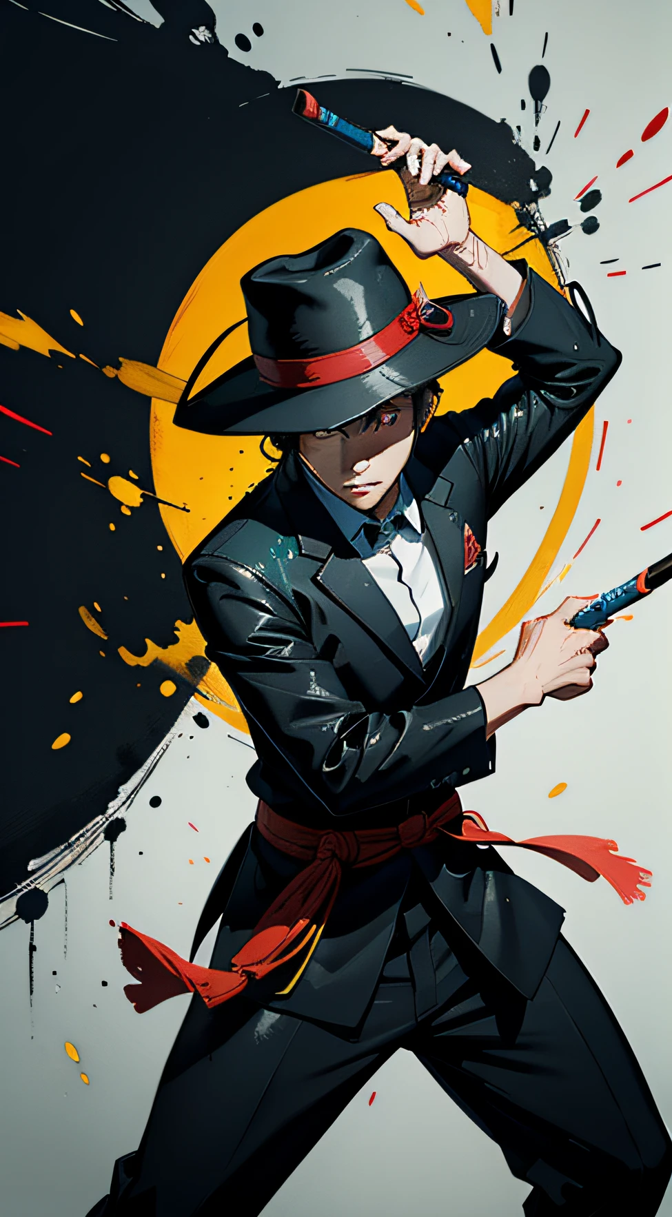 Ancient Chinese style wide-brimmed hat, assassin, black suit chinese style, darts, spiral splashes, sparks, battle, watercolors paint, drip painting, vivid colors