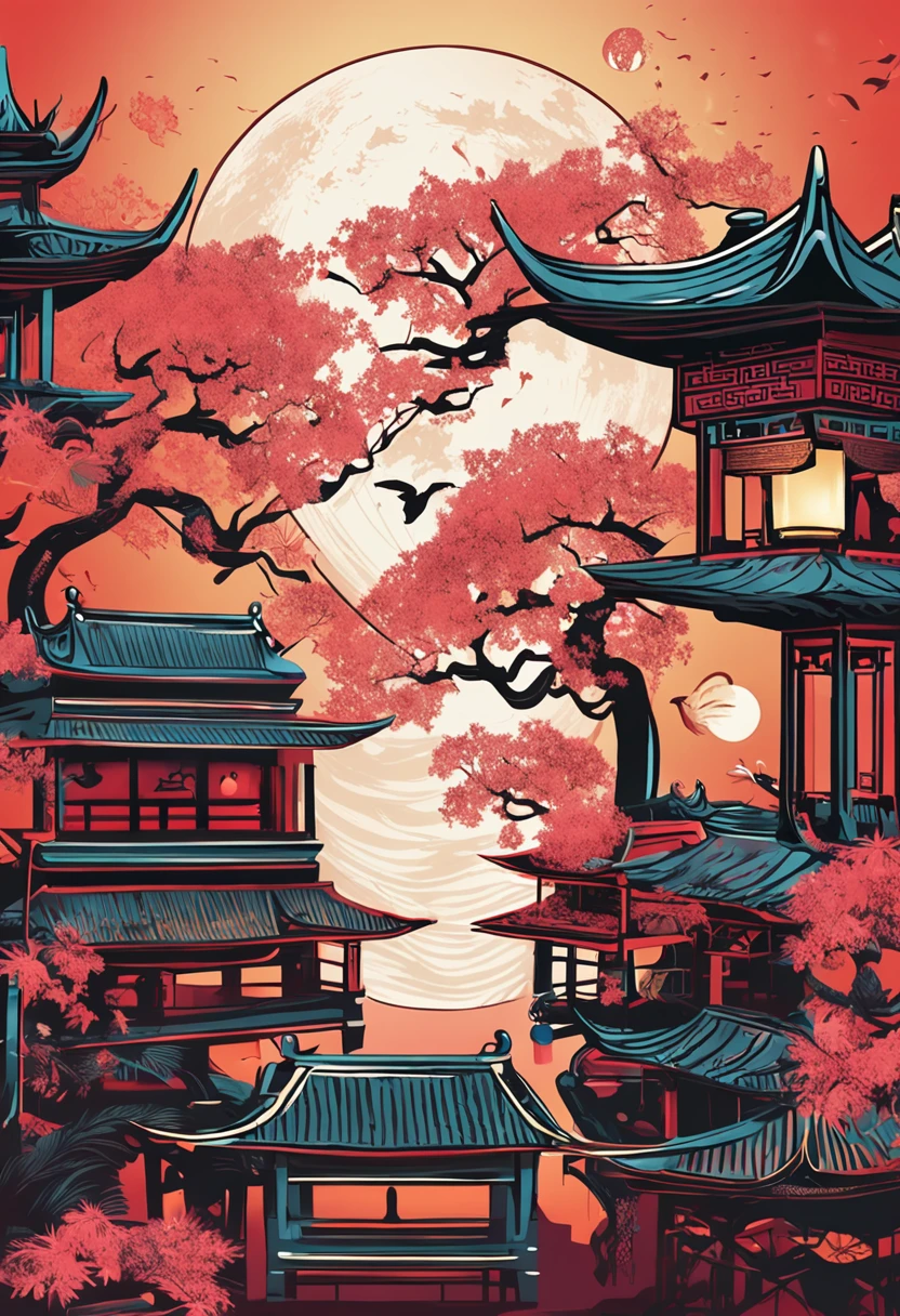 Asian-inspired lanterns gently illuminate the enchanting "Black Mid-Autumn Festival" scene.