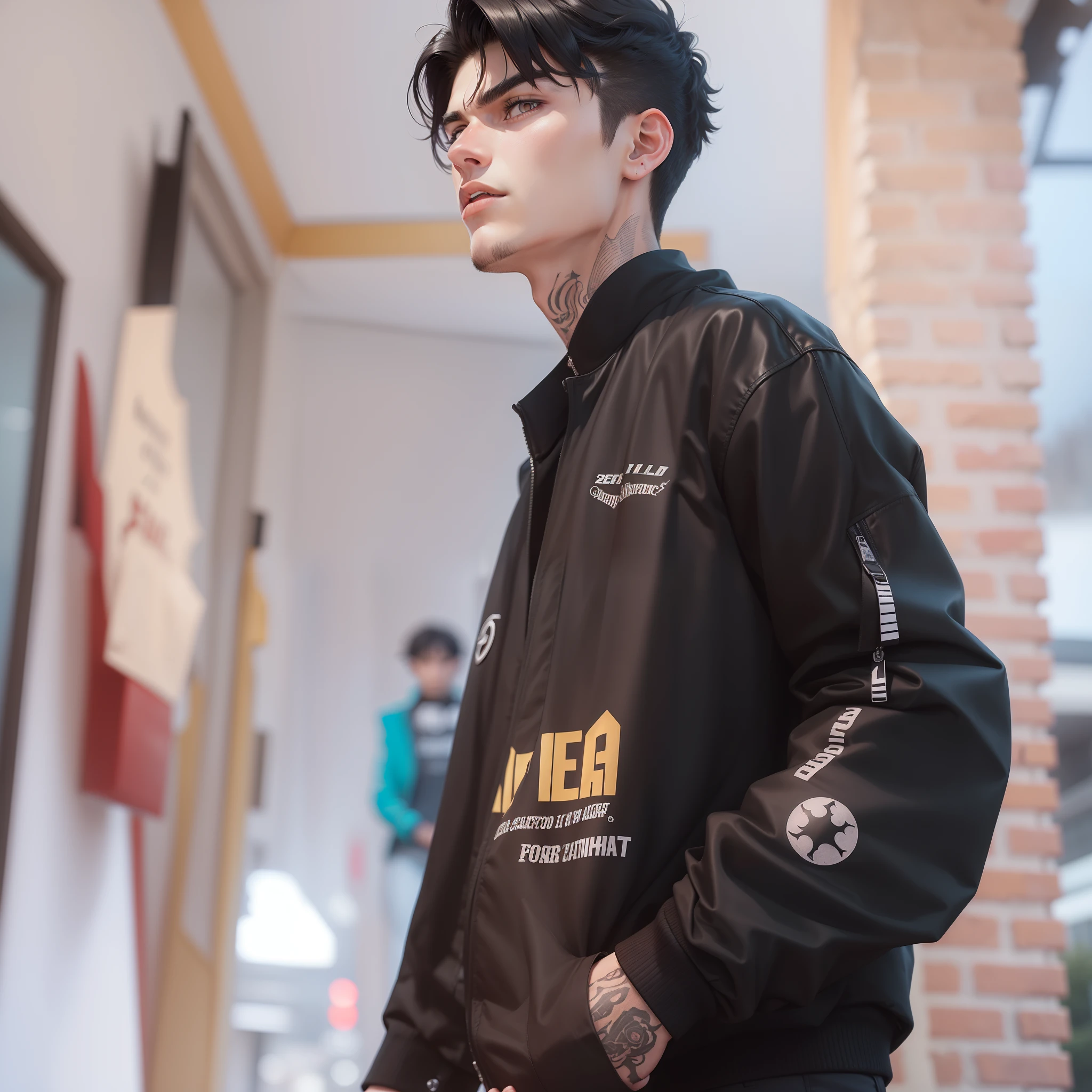 An 18 year old young man wearing a black jacket, black hair with comma hair, evil looking, handsome face, wearing gloves and a few tattoos, and wearing black pants.