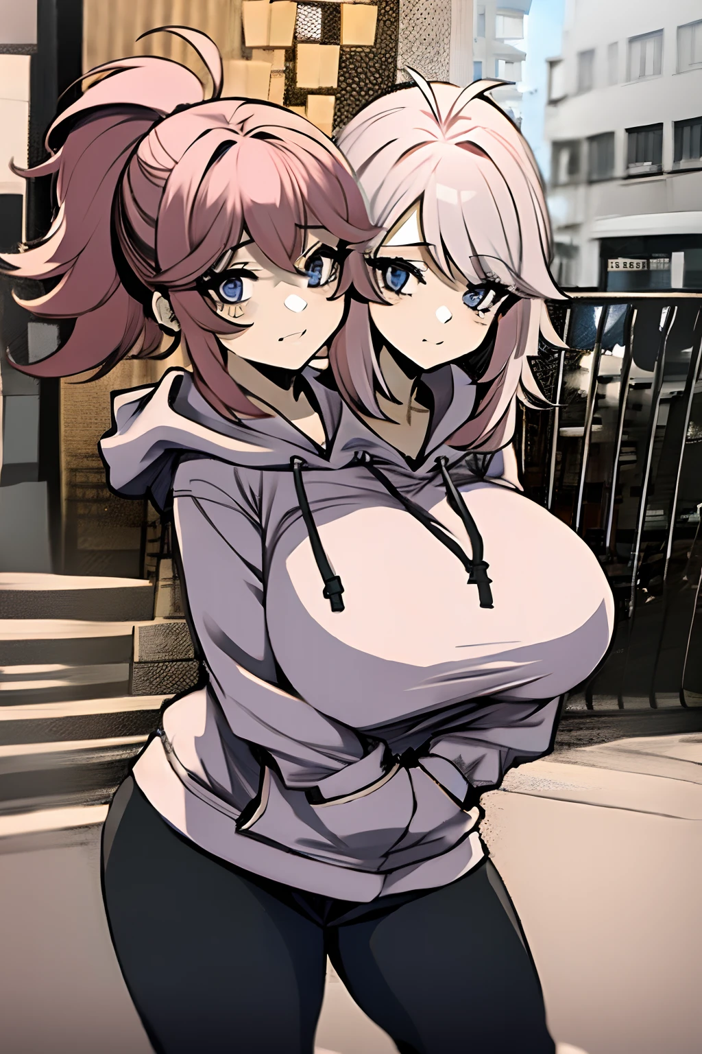 2heads, a short fat woman with 2 heads. She has extremely massive breasts. She looks young. She is wearing a hoodie and leggings. She has pink messy hair in a short ponytail. She is outside in a city during a sunny day. She has gigantic breasts. She is extremely short. She looks chubby.