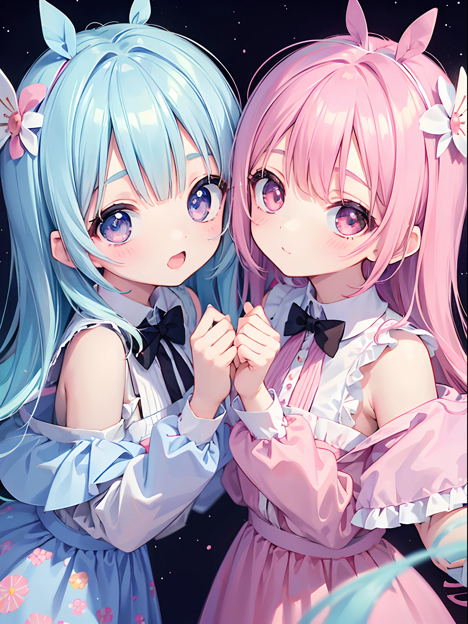 masutepiece, (2girls), Idol, gros-plan, Big eyes, Kawaii Tech, kawaii, Cute, Pastel colors, Best Quality, Happy, Deep background, Symmetrical, Head Tilted