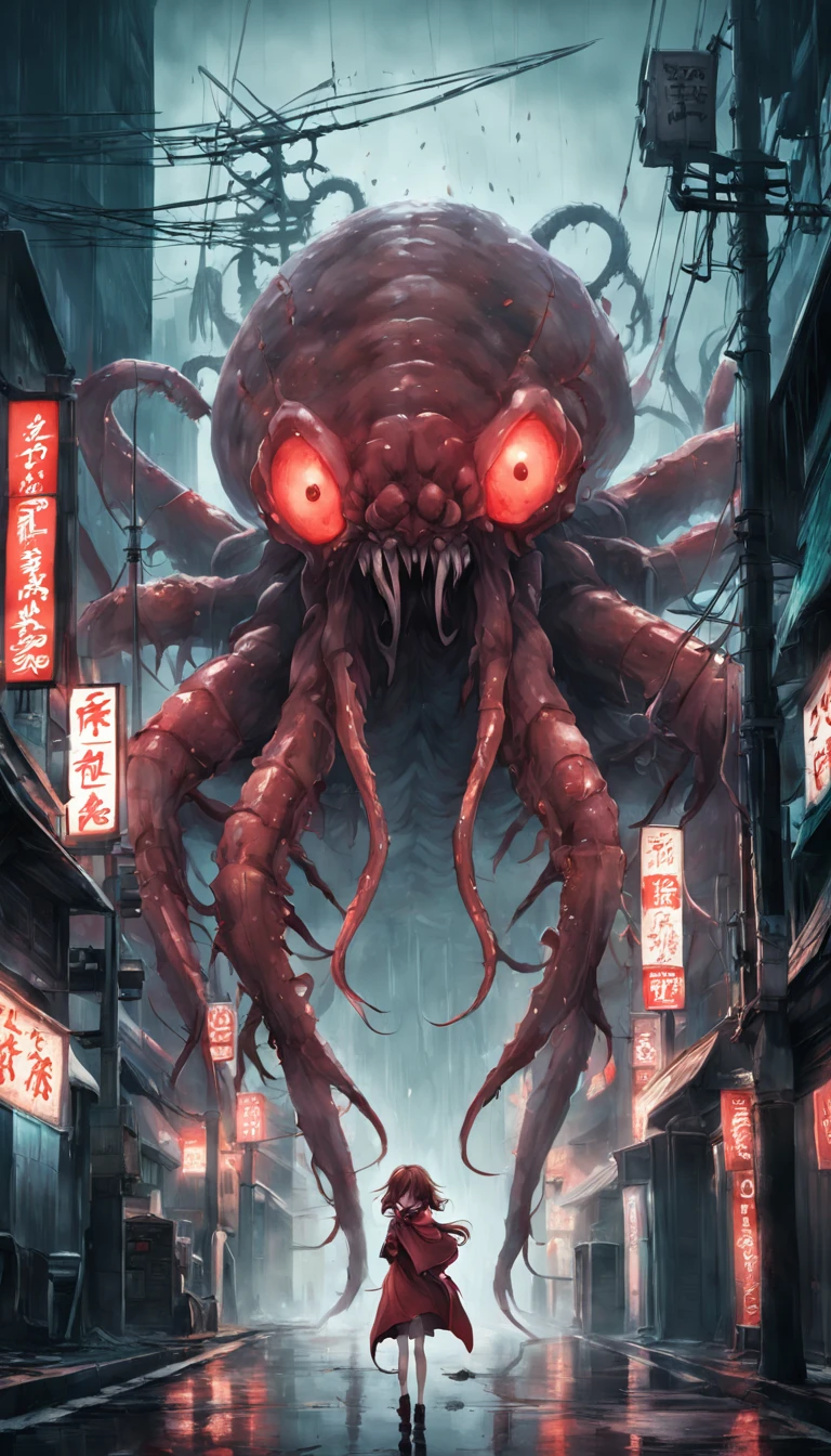 Best quality, Masterpiece, Ultra-high resolution, Super huge and ferocious monster(Turtlen),Hidden in thick fog,Realisticstyle,Terrifying atmosphere,Bloody red eyes, Broken streets, Broken cities, The ground is covered with gravel, Billboard for broken octopus carcasses, Japan Invaders, Tokyo Landmark,Desperate doomsday,8K, A cinematic scene, From a top-down perspective (light and shadow effect),(Depth of field effect),(Tyndall),(Light particle tracking),(CG),(Horror movie lighting visuals),(voluminetric lighting),(Bright colors)