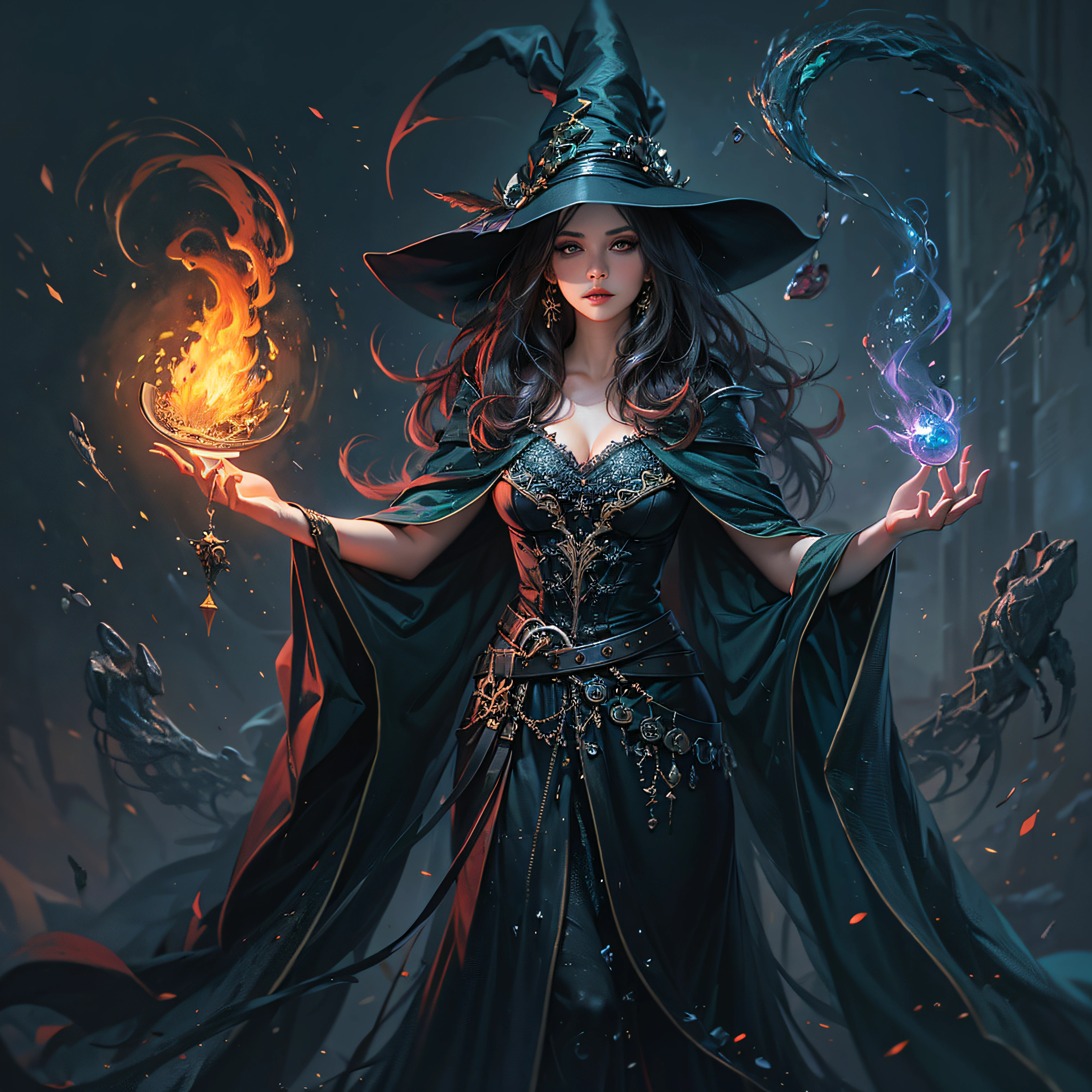 Dressed in witch costume holding a shining wand, sorceress conjuring a spell, dark fantasy sorceress, sorceress portrait, beautiful sorceress, sorceress, fire sorceress, fire mage character, magic book, dark emerald green dress, mysterious