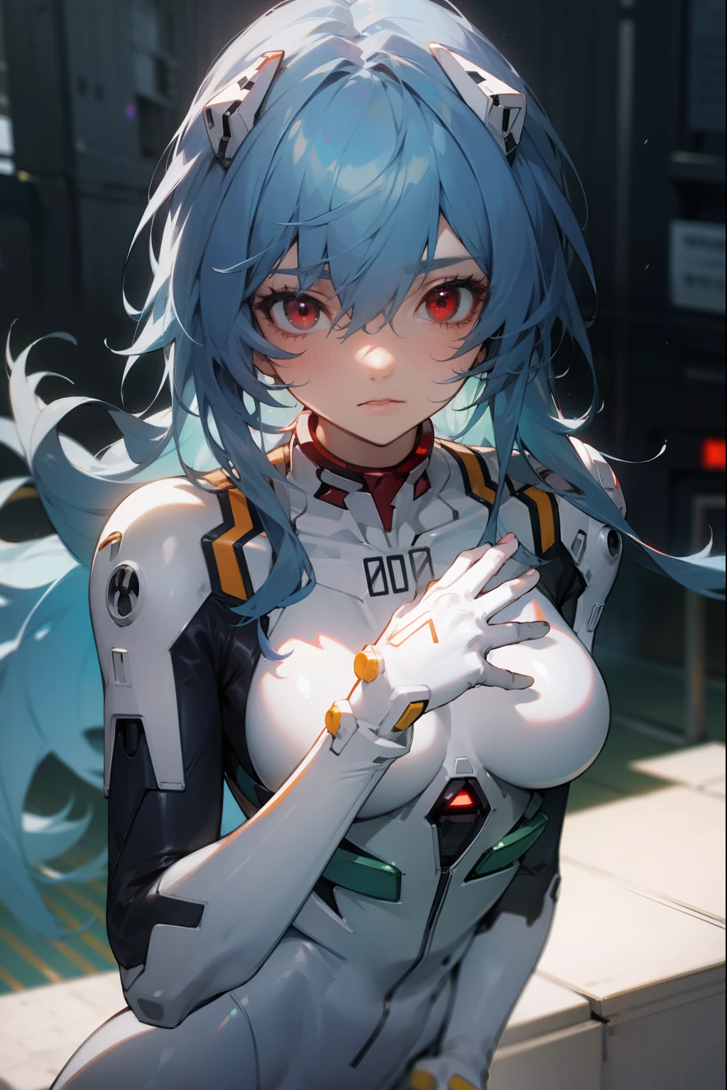 reiayanami, rei ayanami, blue hair, long hair, (red eyes:1.5),
BREAK bodysuit, headgear, plugsuit, white bodysuit,
BREAK outdoors, city,
BREAK looking at viewer, 
BREAK (masterpiece:1.2), best quality, high resolution, unity 8k wallpaper, (illustration:0.8), (beautiful detailed eyes:1.6), extremely detailed face, perfect lighting, extremely detailed CG, (perfect hands, perfect anatomy),