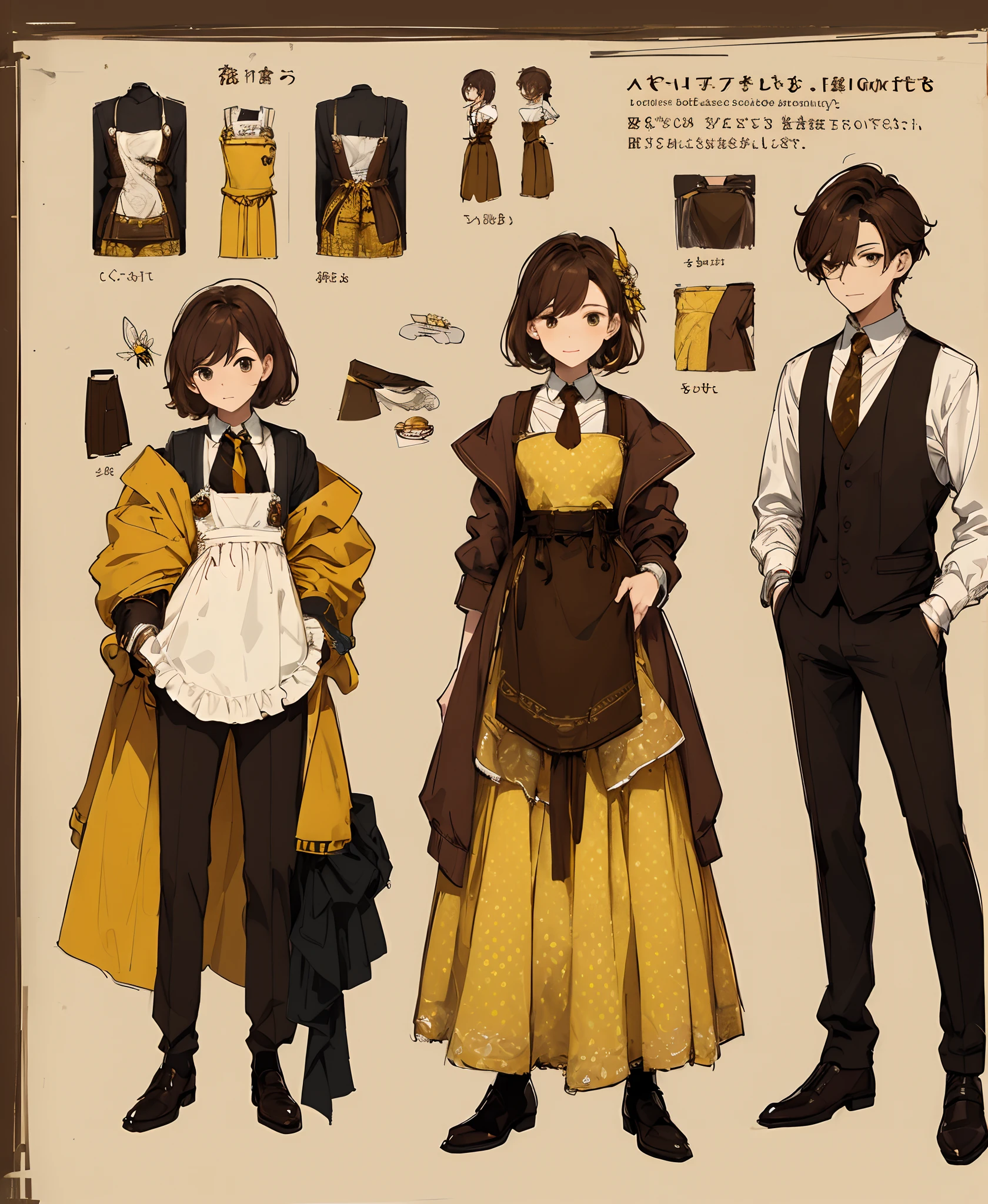 (masterpiece、top-quality、hightquality)、1 juvenile、20-year-old male、(unimpressed))、Brown hair、Design with apron and tailcoat、Brown pants、Decorative、ostentatious、tailcoat、An elegant、neck tie、Yellow line、Clothes of a clerk in a confectionery shop、On the theme of brown and yellow、Bee and honey design、Sweets clerk、clothing design、concept-art、patissier、male people、character designs、clothing design、Sketched、without background、full-body view、Overall view、three sided view、Design Illustration
