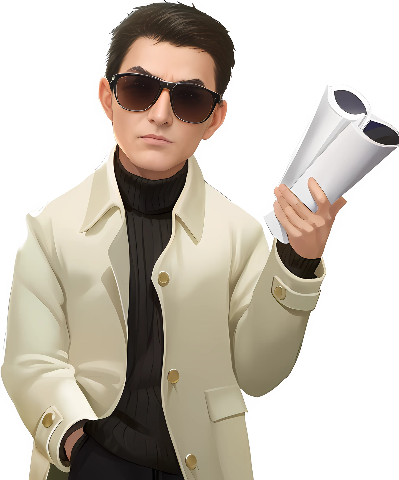 Comic style，tmasterpiece，high high quality，With black sunglasses，Best quality at best，k hd，Comic style，Perfect litthing，详细的脸，Detailed body，1 man，with short black hair，Business suit，(Grim expression:1.5)(Keep one's mouth shut ），Books in hand