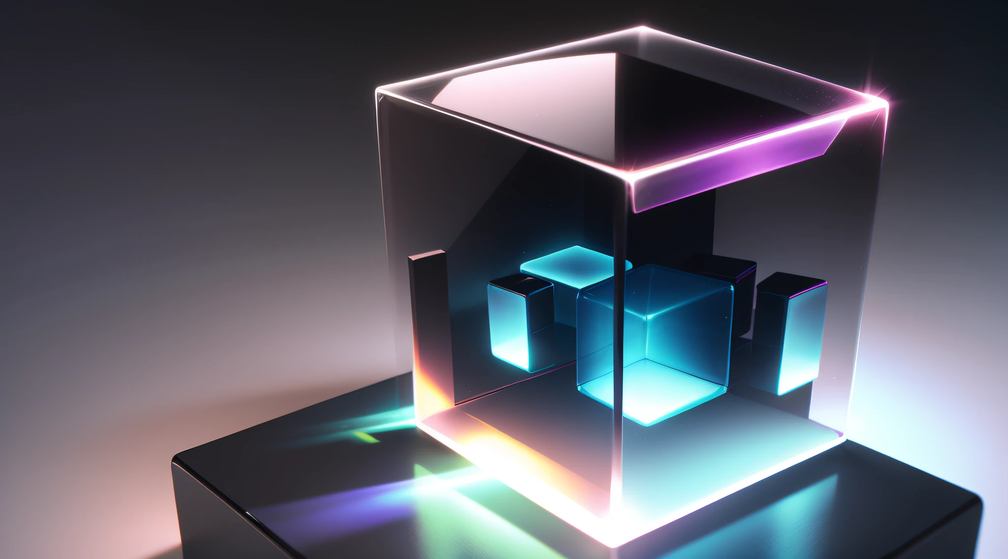 a square cube with glassmorphism style, transparent cube, render, cube glow with colourful,