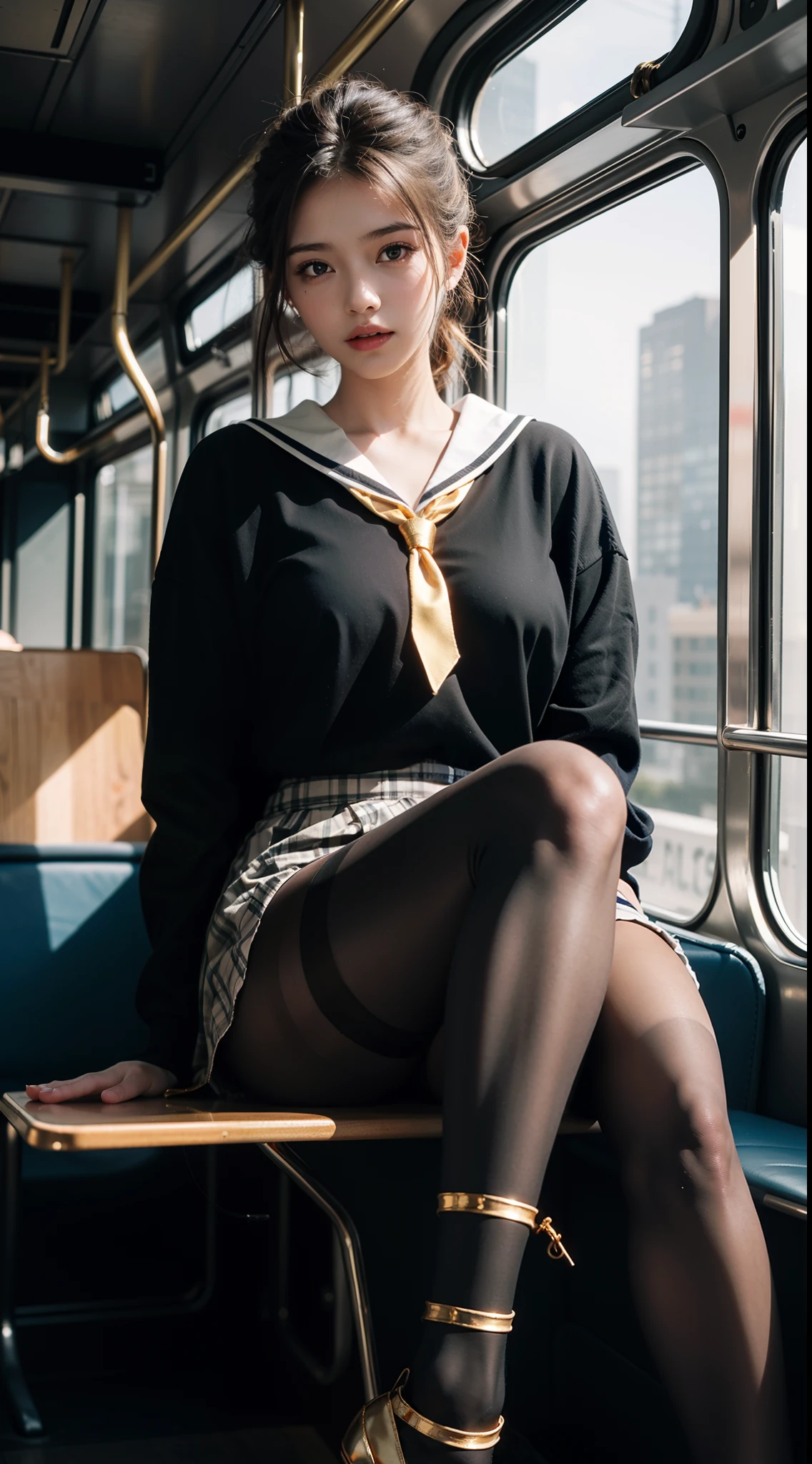 (full bodyesbian:1.5)，((Girl):1.4),(view the viewer:1.4)，(anatomy correct:1.3),(sitting on a bus:1.2),(Brown and tan sailor set，Checkered high-rise pleated skirt :1.2),((Black pantyhose):1.32),( Girls pointed-toe thick heels :1.1)，((Gold ankle shackles):1.3),(Accurate and perfect face:1.3),hyper HD, Ray traching, reflective light， structurally correct, Award-Awarded, High detail, Fade in and out shadow contrast, Face lighting ，Cinematic lighting, Masterpiece, super detailing, High quality, High detail, Best quality, 16k，High contrast,