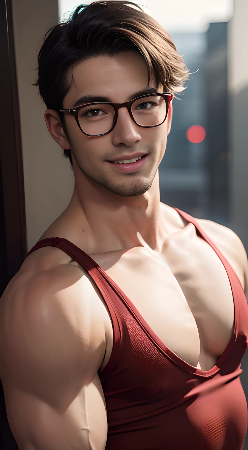 ((Men only)), (head shot), (face only), (sunburned skin), (handsome muscular man in his 20s), (Clark Kent), (red glasses), (red tank top), (big smile), (detaile: 1 in 1), Natural muscles, HIG quality, beautidful eyes, (Detailed face and eyes), (Face、: 1 / 2), Noise, Real Photographics、... .................................................................................................................PSD, Sharp Focus, High resolution 8K, realisitic & Professional Photography, 8K UHD, Soft lighting, High quality, Film grain, FujifilmXT3