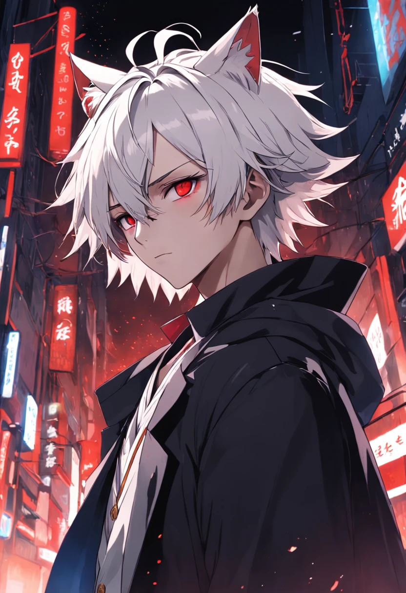 whaite hair，Red eyes，Beautiful Boys，Shota，Black and white trench coat，With a cat's face hair ornament on his head，P5R art style