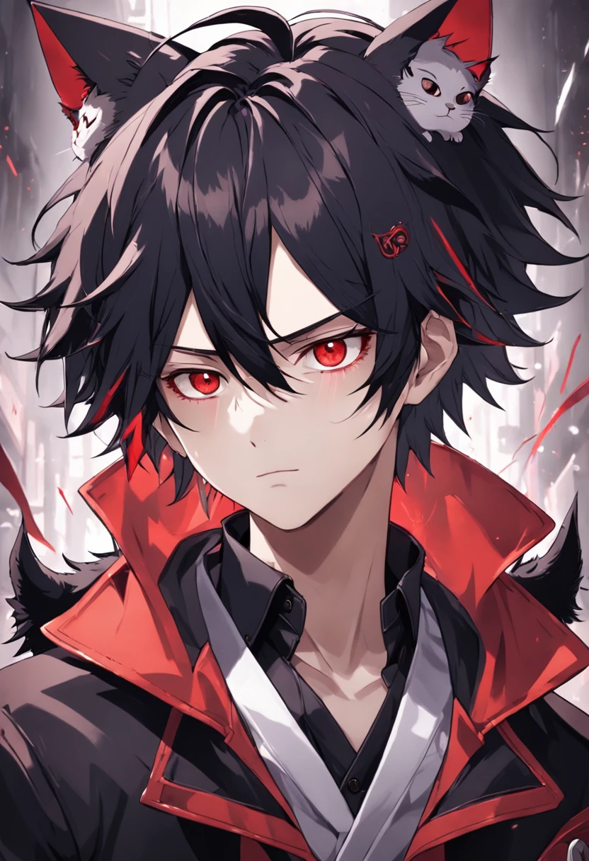 whaite hair，Red eyes，Beautiful Boys，Shota，Black and white trench coat，With a cat's face hair ornament on his head，P5R art style