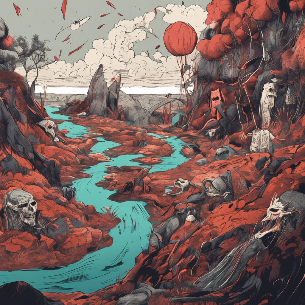 Create a skull-shaped band lead character, singing in a poppy field to an audience of zombies. Abstract art