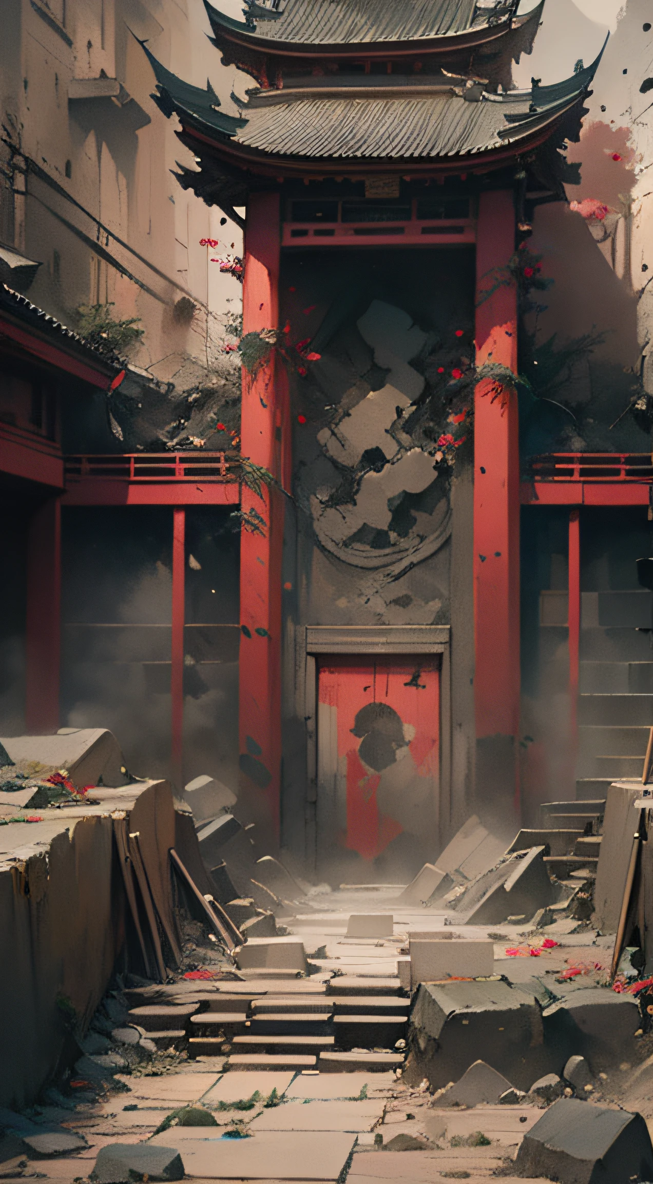 large panorama，Enclosed dimly lit spaces，There is a dark symmetrical structure basement，There was a lot of rubble on the ground and a large coffin,Dirty dark basement, Destroyed floors, There are cracks in the walls，There are animal totem reliefs in Chinese style on the walls，China-style， concept-art ，watercolor art style，Ink painting art style， highly rendered, 4K concept art, 4 k concept art, Unreal Engine renders concept art, 8 K high detail concept art, Detailed 4K concept art, 4 K resolution concept art, concept art 8 k, 8k hd concept art, 8k concept art, 8 k concept art