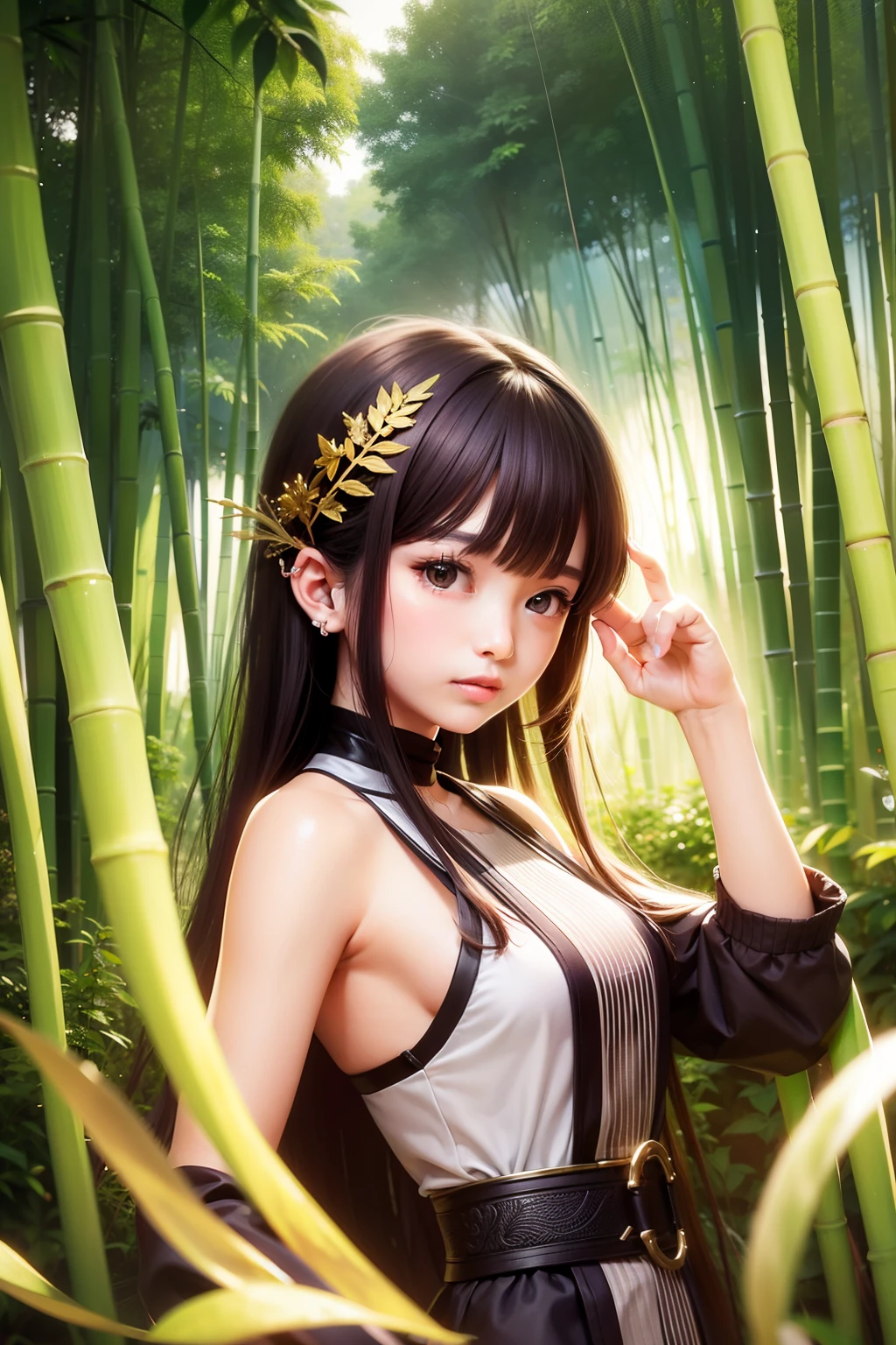 Bamboo forest listened to Yuxuan，Pretty little sister，heroic look，Real face portrayal