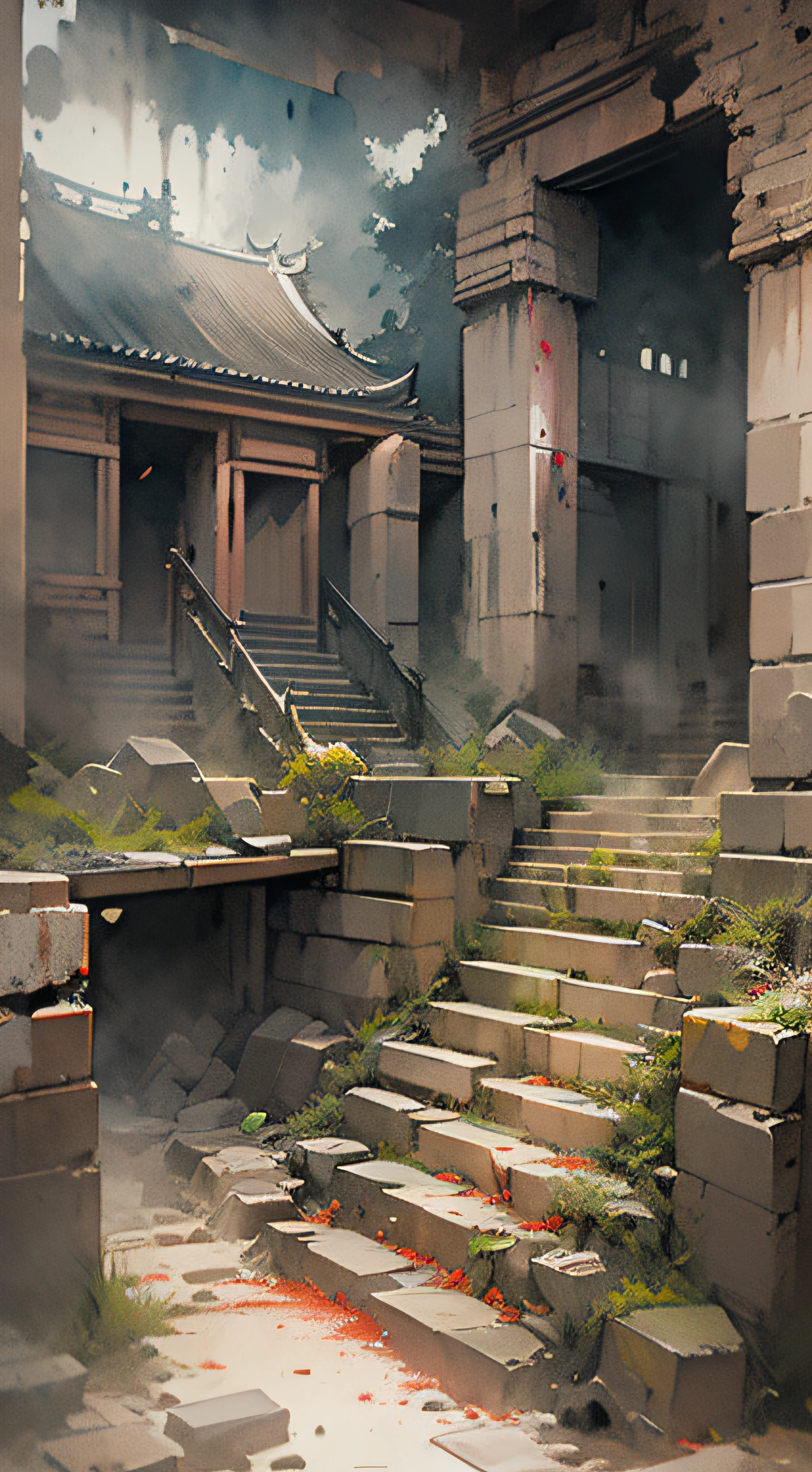 large panorama,Enclosed dimly lit spaces,There is a dark symmetrical structure basement,There was a lot of rubble on the ground and a large coffin,Dirty dark basement, Destroyed floors, There are cracks in the walls,There are animal totem reliefs in Chinese style on the walls,China-style, concept-art ,watercolor art style,Ink painting art style, highly rendered, 4K concept art, 4 k concept art, Unreal Engine renders concept art, 8 K high detail concept art, Detailed 4K concept art, 4 K resolution concept art, concept art 8 k, 8k hd concept art, 8k concept art, 8 k concept art