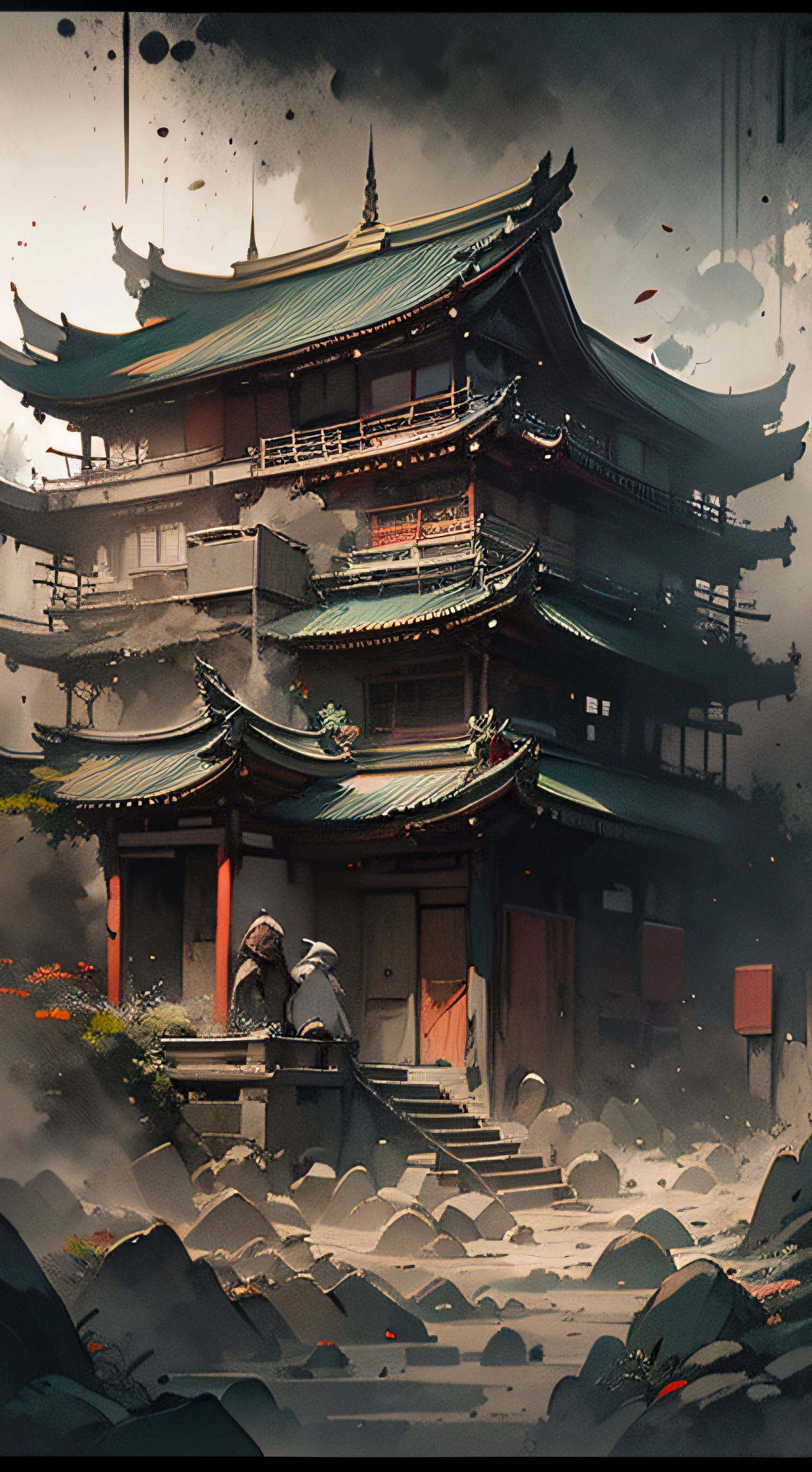 large panorama，Enclosed dimly lit spaces，There is a dark symmetrical structure basement，There was a lot of rubble on the ground and a large coffin,Dirty dark basement, Destroyed floors, There are cracks in the walls，There are animal totem reliefs in Chinese style on the walls，China-style， concept-art ，watercolor art style，Ink painting art style， highly rendered, 4K concept art, 4 k concept art, Unreal Engine renders concept art, 8 K high detail concept art, Detailed 4K concept art, 4 K resolution concept art, concept art 8 k, 8k hd concept art, 8k concept art, 8 k concept art