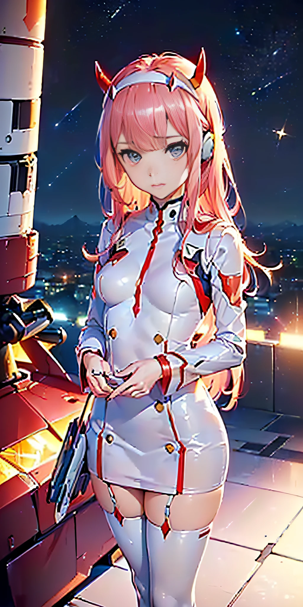 (((Top view), ultra detailed, close-up, flat, 1 girl in, ((anime character Darling in the Franxx: zero two, zero two, hot red horns, Headphone jack, ultra short dress and sleeve long red hair with futuristic style, 2 medium long pink fringes around the ears: 1.4, light pink hair)), His eyes shine like dreamy stars, (bright eyes: 1,233), (beautiful and detailed eyes: 1.1), (deadpan , mouth closed), (Standing), (Mechanical room with tools and spacecraft windows in white mech), ultra intricate details, Tsuruwanglan in the background, (night: 1.2), Dreamy, [Thin fingers and hands: 0.55]:: 0.85], (Detail fingers)))