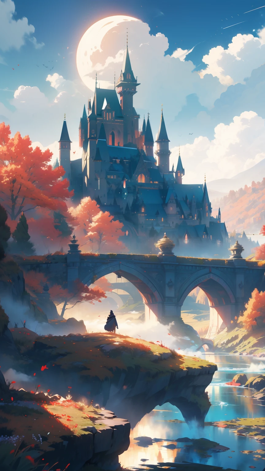 landscape, masterpiece,gorgeous, horizont,magic, flowers, artistic, red, dust, moon, river, best quality, colorful,  reflections, fog, castle,mosnter, deatiled,intricate, nature, ((no_humans))