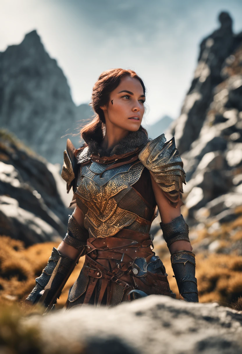 Beautiful SKS female warrior wearing Skyrim Dragon Scale Armor, Beautiful face,Glowing eyes,Hyperrealistic