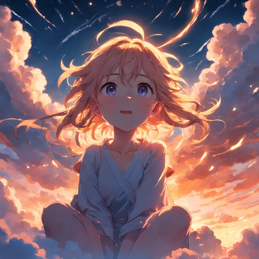 masterpiece, best quality, movie still, 1girl, cloud girl, floating in the sky, close-up, bright, happy, warm soft lighting, sunset, (sparks:0.7)