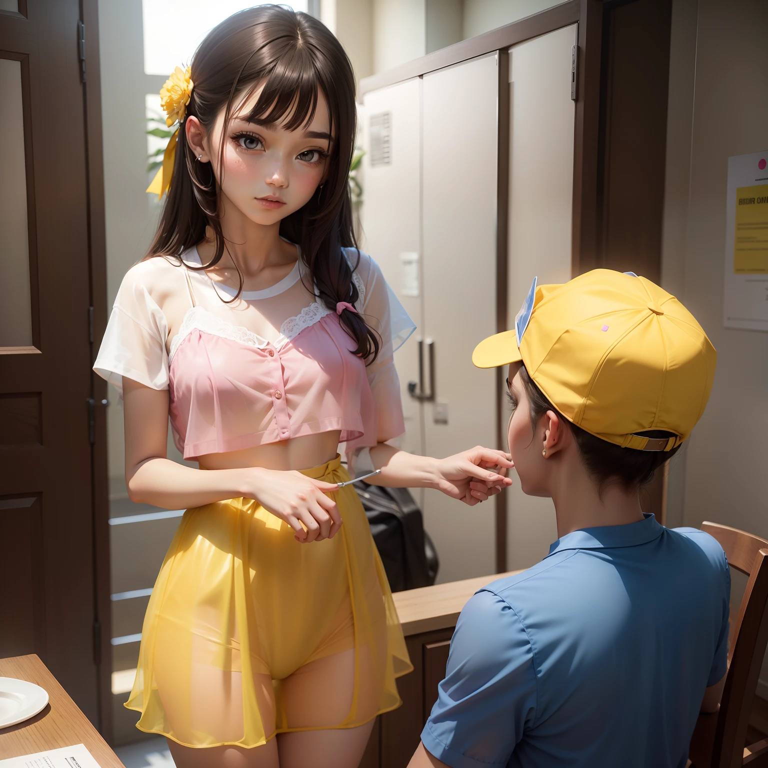 There is a woman in a yellow skirt and a man in a blue shirt - SeaArt AI