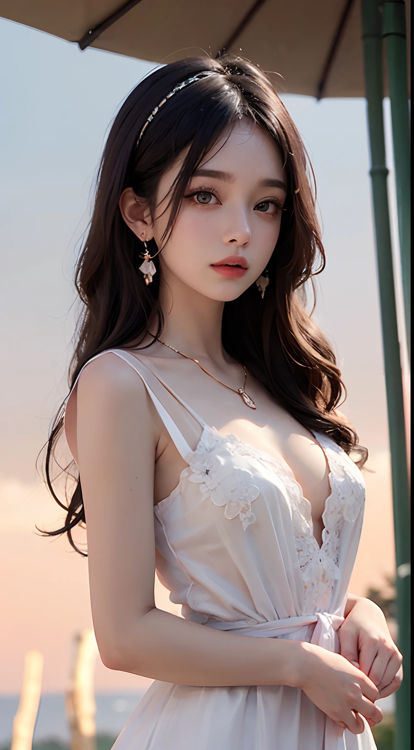 1 beautiful girl in ancient costumes, ((Pink and light white clothing: 0.8)), long silky black hair, Hair accessories and necklaces, Beautiful little face Thin eyebrows, The most beautiful，Spotless face, verybeautifuleyes, Big round black eyes, Delicate and delicate eyelashes, High nose, Wearing earrings,Small red lips, Rosy face, Enlarged and rounded breasts, Big taut breasts, Breast augmentation,Slim petite body, Portrait of a beautiful girl, 8K photos, Super high quality, Super realistic, 10x Super Pixel, photograph realistic, Dark Studio, Border light, two tone light, (Detailed skin) High: 1.2), 8K  UHD, Digital SLR, Soft light, High quality, volumettic light, candid, Photo, high resolution, 4K quality, 8K, Bokeh, Smooth and sharp, pixel up 10 times, (background space: 1.8), (milky ways: 1.7), aurora, Lightning, (Aurorabackground: 1.8), Upper body,Bamboo forest listening to the rain pavilion