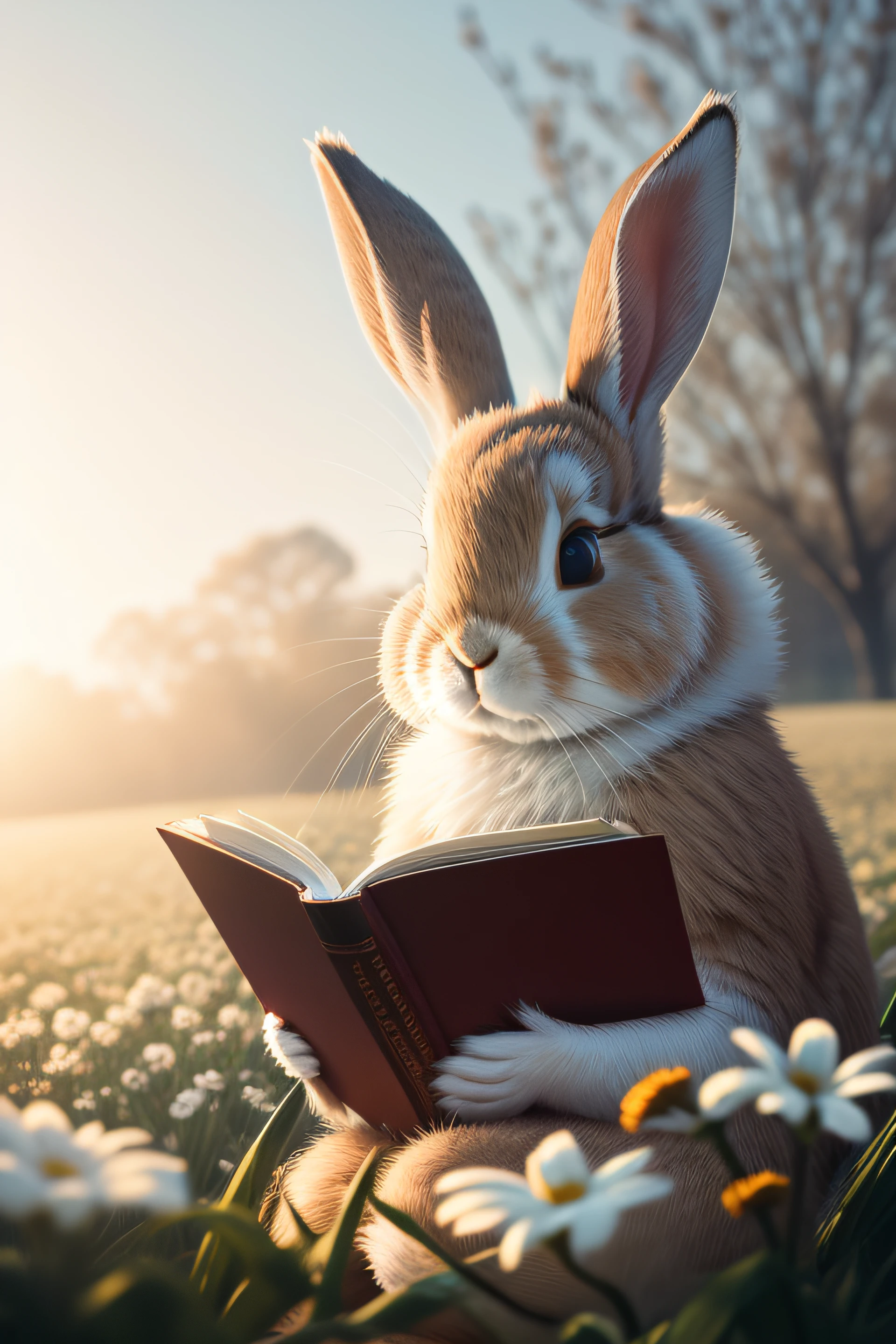 Close-up photo of rabbit reading and learning,macro,clean backdrop,depth of fields,largeaperture,photography of,volume fog,Halo,blooms,Dramatic atmosphere,Sunny morning