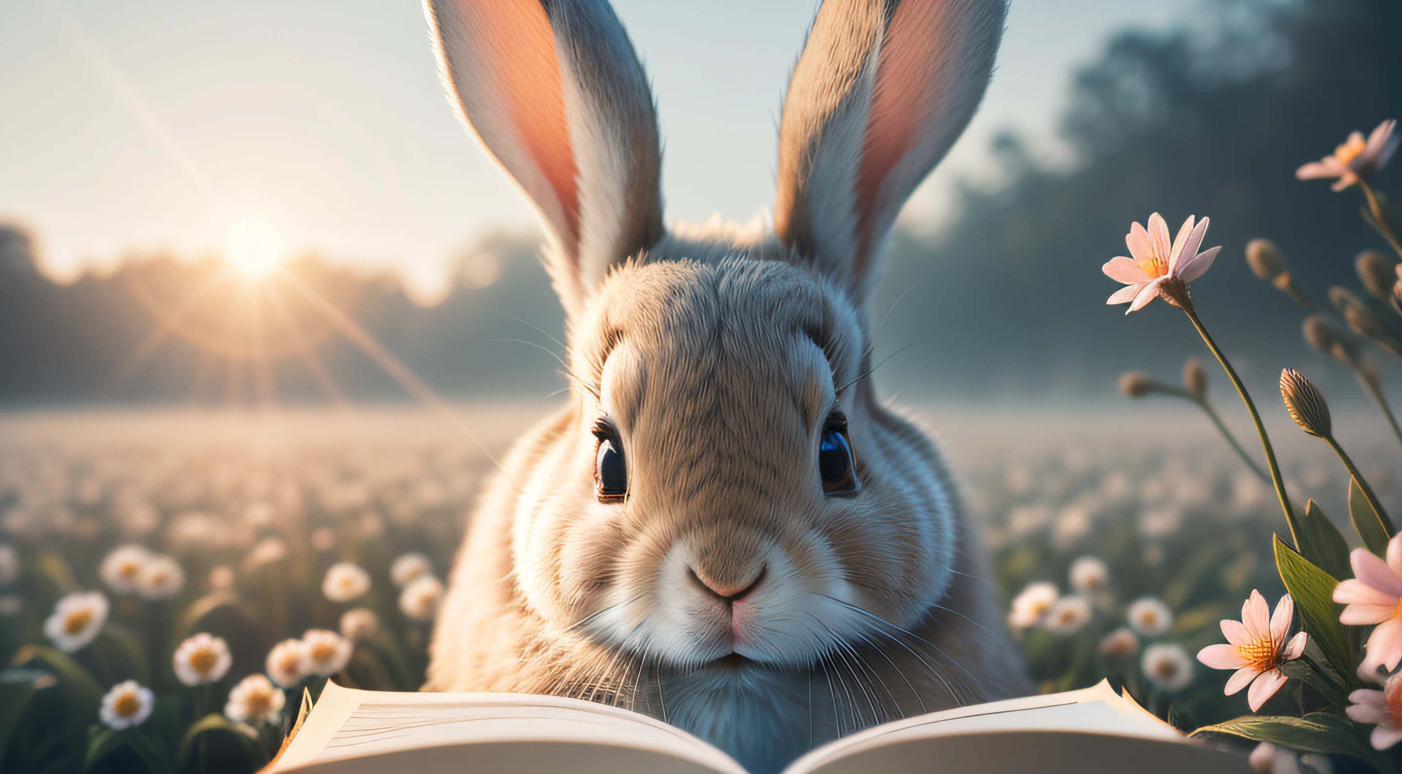 Close-up photo of rabbit reading and learning,macro,clean backdrop,depth of fields,largeaperture,photography of,volume fog,Halo,blooms,Dramatic atmosphere,Sunny morning