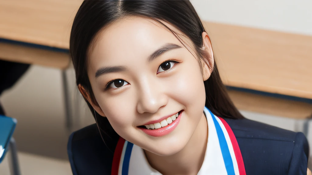 Black ball hair、White Skin Skin、chineseidol、年轻、Thick eyebrows、Black eyes、biting lip、smile in face、Cobalt blue uniform、Leopard print tie、(1 female student)、In the school classroom、sit on chair、Slim eyebrows、Brown hairpins、hentail realism、8K、tmasterpiece、A high resolution、、anatomically correcte、、from above view、32K quality