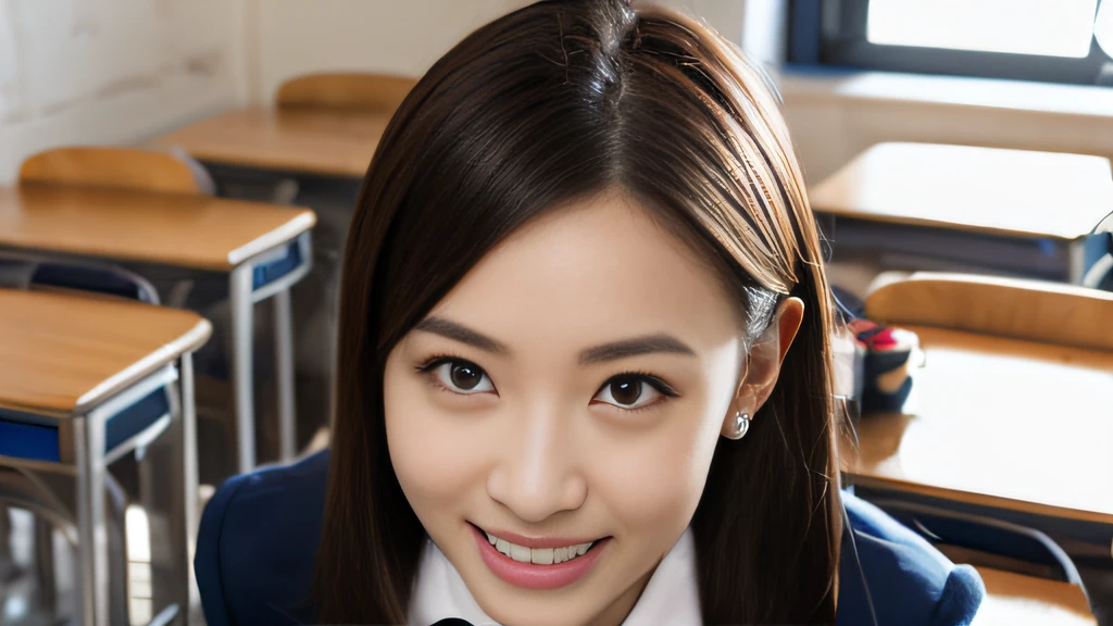 Black ball hair、White Skin Skin、chineseidol、年轻、Thick eyebrows、Black eyes、biting lip、smile in face、Cobalt blue uniform、Leopard print tie、(1 female student)、In the school classroom、sit on chair、Slim eyebrows、Brown hairpins、hentail realism、8K、tmasterpiece、A high resolution、、anatomically correcte、、from above view、32K quality