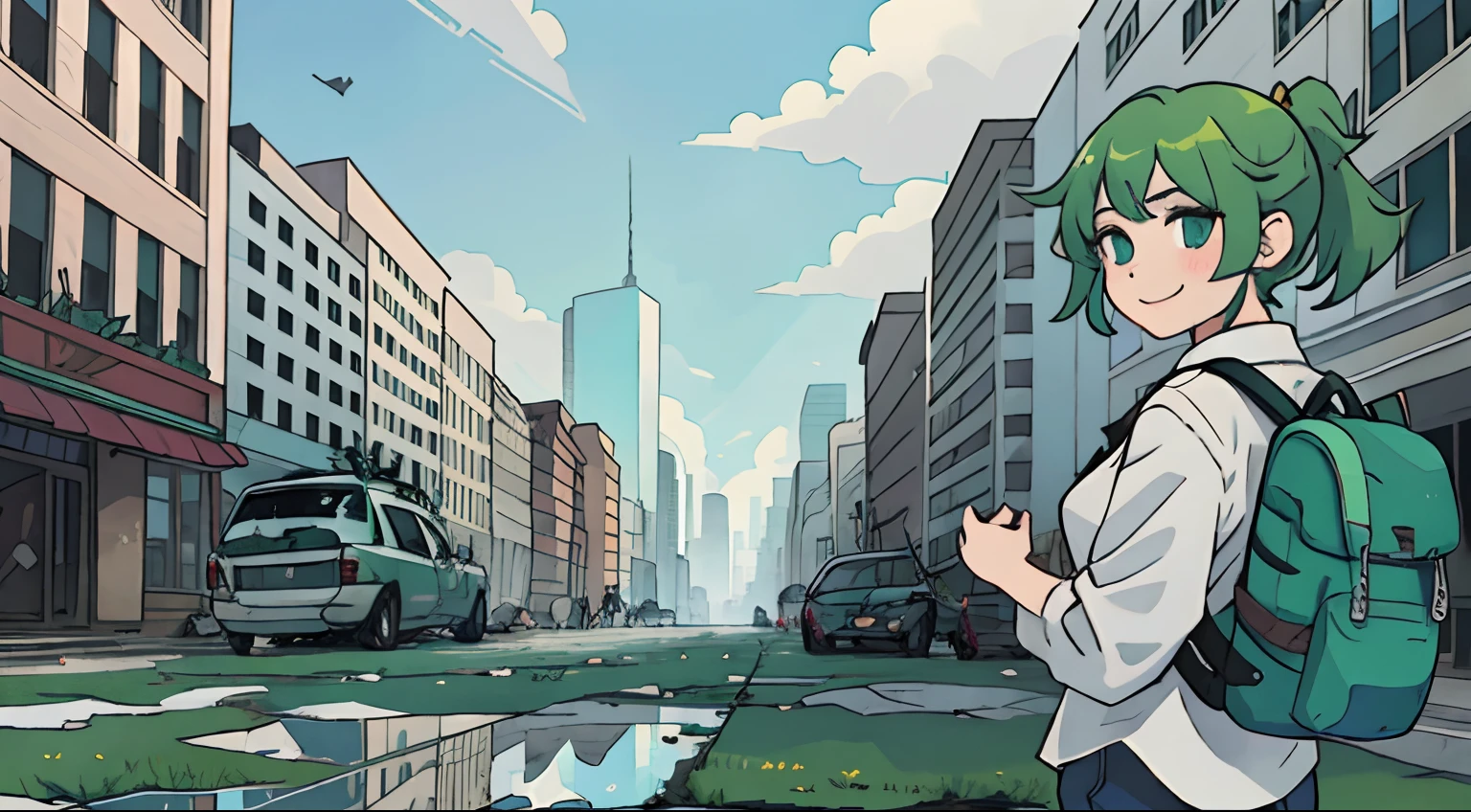 Ruins、Crumbling skyscrapers background、puddles、girl with、Green hair、Big Ponytail、white  shirt、Skinny Good、backpack、A smile、blue-sky、Broken car、A lonely town