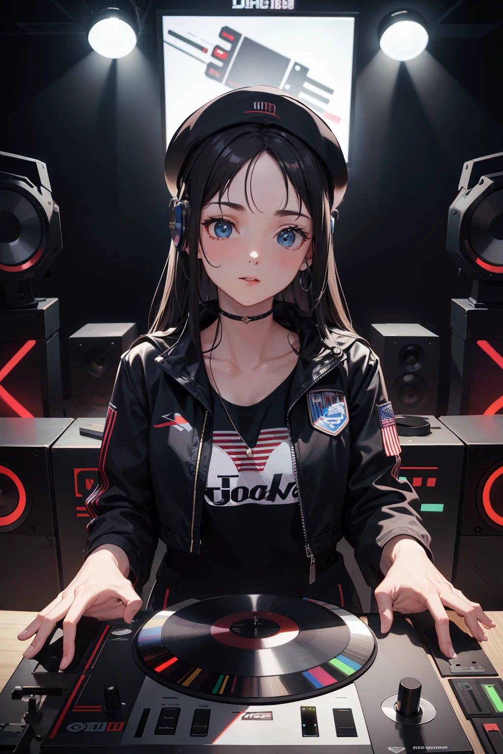 Uma jovem DJ usa um toca-discos de vinil em uma mesa de Darte superior do corpo, Look at the crowd Cybernetics enhances the highly detailed futurists at the stage table，Ela usa roupas futuristas e fones de ouvido auditivos de dupla face，She wears a Rosotto hat on her head .