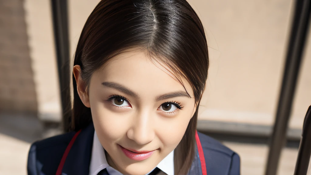 Black ball hair、White Skin Skin、chineseidol、年轻、Thick eyebrows、Black eyes、biting lip、smile in face、Cobalt blue uniform、Leopard print tie、（1 female student）、In the school classroom、sit on chair、Slim eyebrows、Brown hairpins、hentail realism、8K、tmasterpiece、A high resolution、、anatomically correcte、、from above view、32K quality