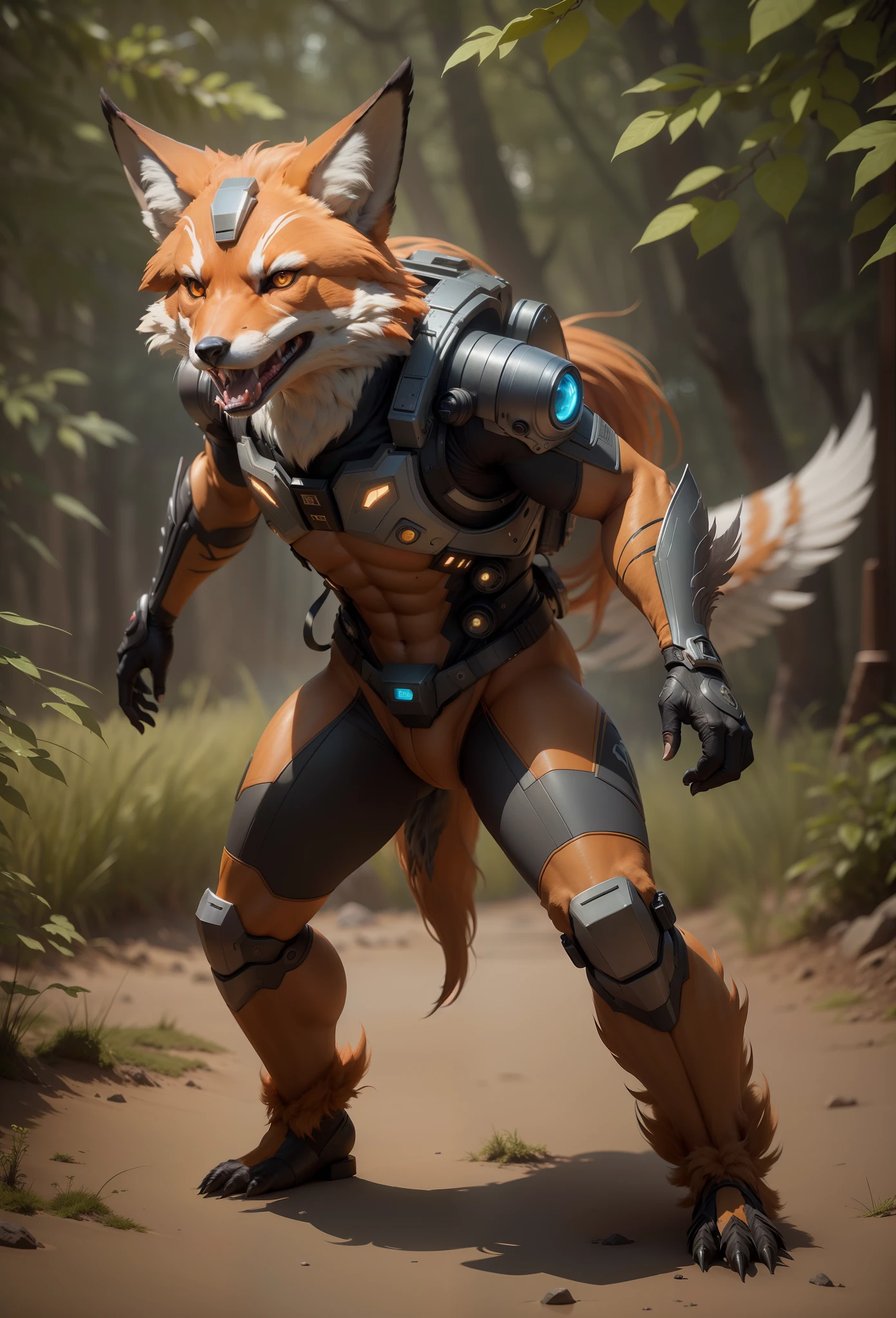 Sci fi humanoid creature with the feathers of a fox and mutant traits similar to rocket roar real photography, natural light, photorealism, cinematic rendering, ray tracing, the highest quality, the highest detail, Cinematic, Third-Person View, Blur Effect, Long Exposure, 8K, Ultra-HD, Natural Lighting, Moody Lighting, Cinematic Lighting