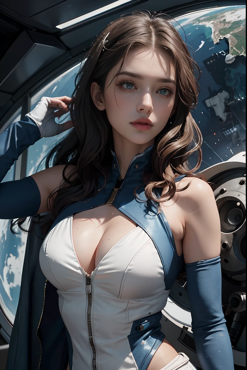 closeup cleavage, 1girll, space suit, Helmet in hand, (Water-colored eyes:0.9), Medium hair, best qualityer, 耳Nipple Ring, tmasterpiece, A high resolution, Complicated details, (Realistis)), photography of, (White elbow gloves:1.1), jewely, mediuml breasts, full bodyesbian, Dynamic background, dynamicposes, Yu background,space craft