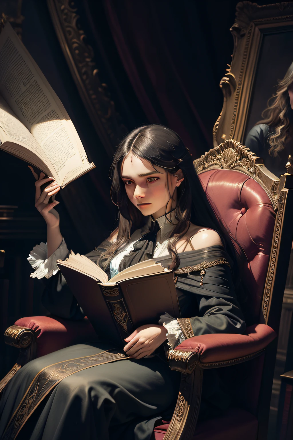 Oil painting of a long-haired young woman in a velvet dressing gown sitting on a high wingback chair reading a large book, In the Gothic library, Gloomy dramatic lighting, Deep shadows, Classic color palette, Ultra detailed, elegant, fine art, Evocative,Gustave Moreau, Sargent, Alphonse Mucha, abstract expressionism