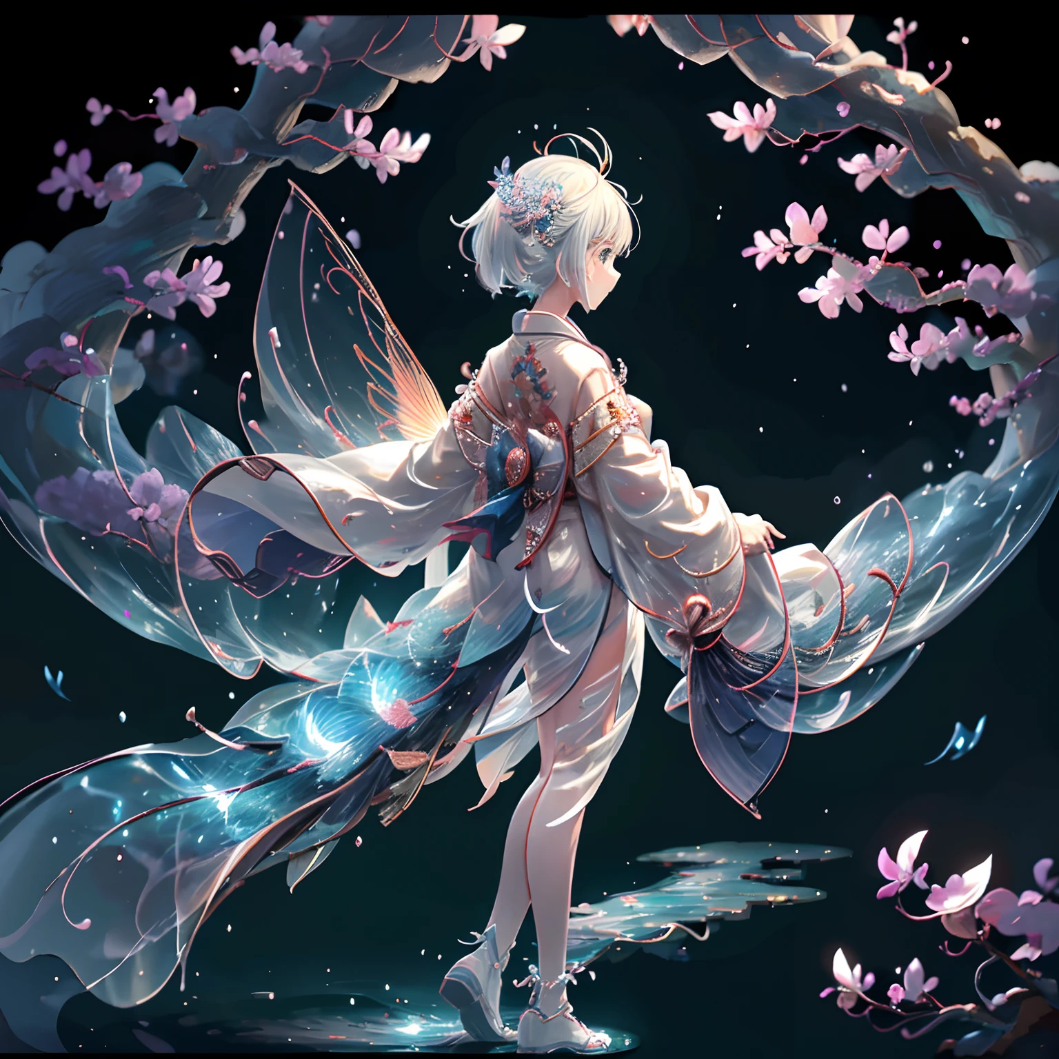 masterpiece、best qualtiy、Stunning reflections、Best reflection ever。 (Highly detailed CG Unity 8K wallpapers)、(top-quality)、(The best illustrations)、(Best Shadows)、Forest theme with natural elements。nighttime scene、Tall trees々、Old buildings in Japan、Quiet creek、Small glowing mushrooms surrounded by delicate leaves and branches、Fireflies and glowing particle effect、(1人の女性、20yr old、Adults、Wearing a white kimono、blue hairs、short-hair)、(Natural elements)、(Jungle theme)、(fronds)、(Twigs)、(fireflys)、butterflys、(Delicate)fronds)、(Glow)、(Particle effect)。 、Isometric 3D、Octane Rendering、lay tracing、ultra-detailliert
