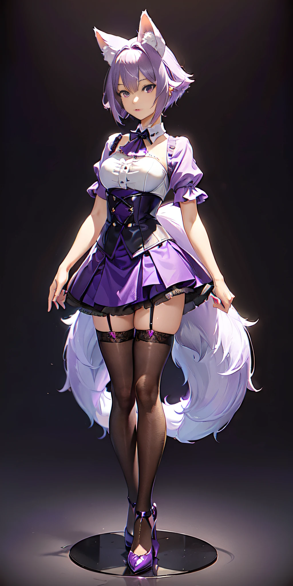 ((full body view, short fluffy lilac hair, has purple fox ears, purple eyes, extremely short blouse and mini skirt color the same as her black silk stockings))