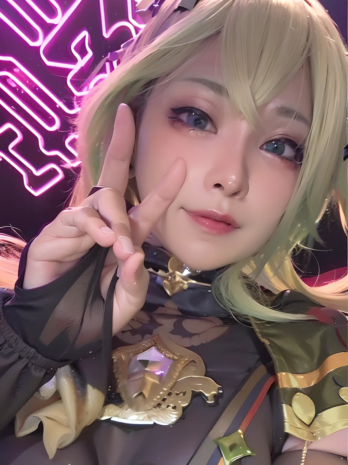 Woman with blonde hair,Green hair and black top pose for photo, yami kawaii, ahegao face, shikamimi, ahegao, anime vibes, portrait a woman like reol, profile picture 1024px, sakimichan, Waifu, rpgmaker, Ayaka cosplay, Anime style mixed with Fujifilm, Anime cosplay