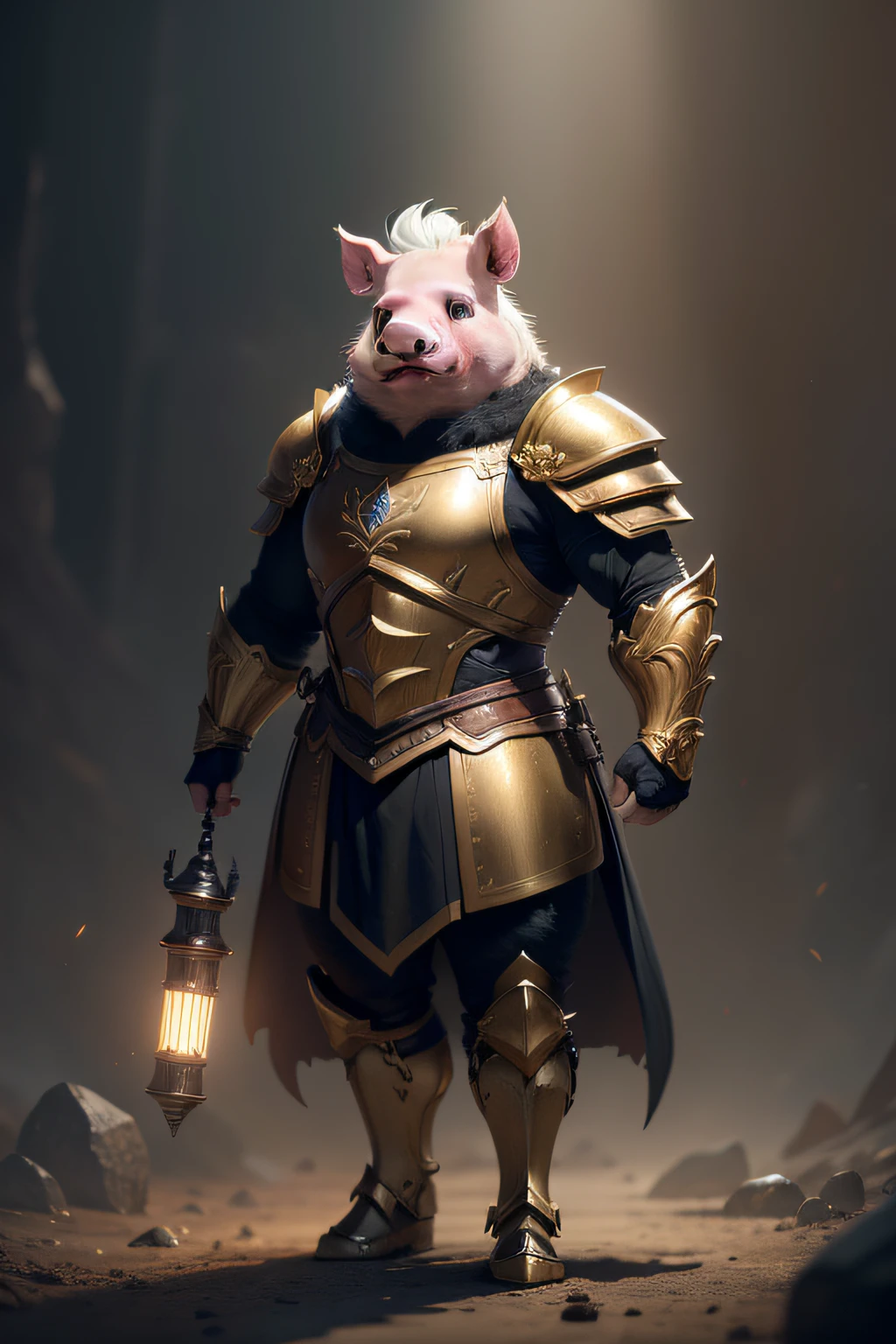Awe-inspiring pig guide pictures, standing on your feet, Hold the flashlight with one hand, Wearing gold and black armor, furry fantasy art, High detail, Cinematic lighting, god light, hyper HD, A high resolution
