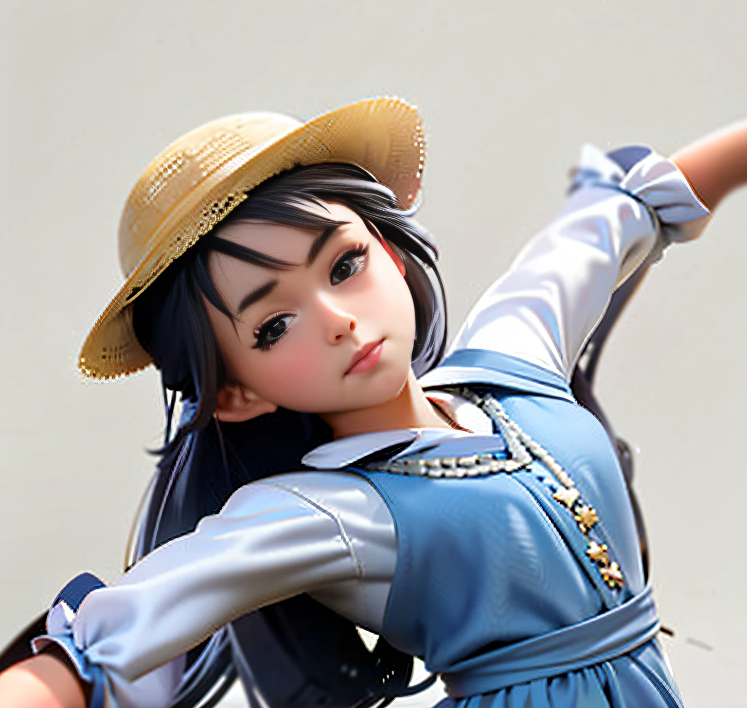 A realistic close-up of a *********** in a straw hat，Realisticstyle, character posing for concept art, dynamic pose perspective, dynamic perspective pose,dancing character, Character drawing, Full body character drawing, she is dancing， (((Kizi)))，(((best qualityer)))，(((tmasterpiece)))，