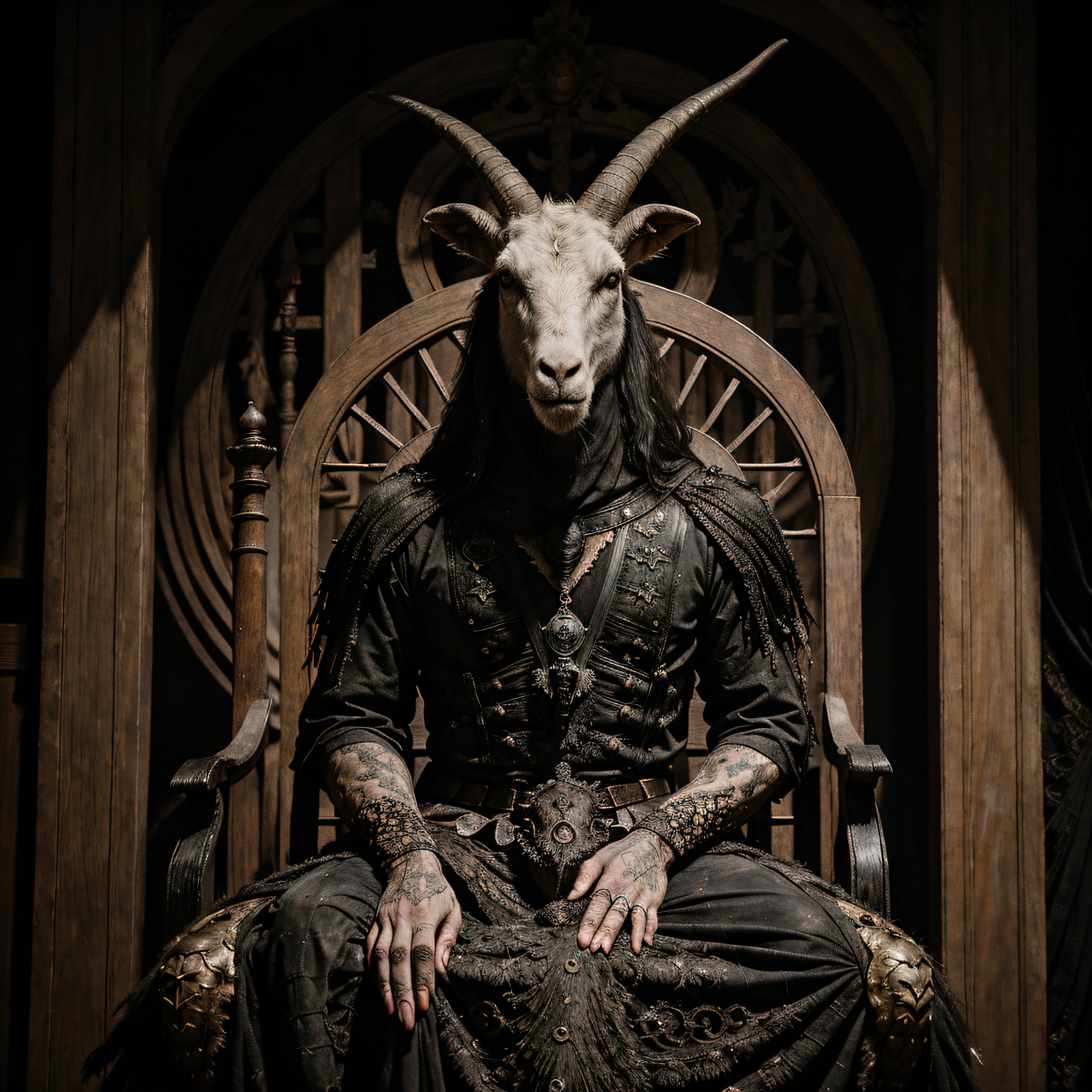 (black metal album cover) a painting of a goat head sitting on a throne, intricate details, hdr, intricate details, hyperdetailed, cinematic, dark shot, muted colors, film grainy, soothing tones, muted colors, technicolor, by vergvoktre